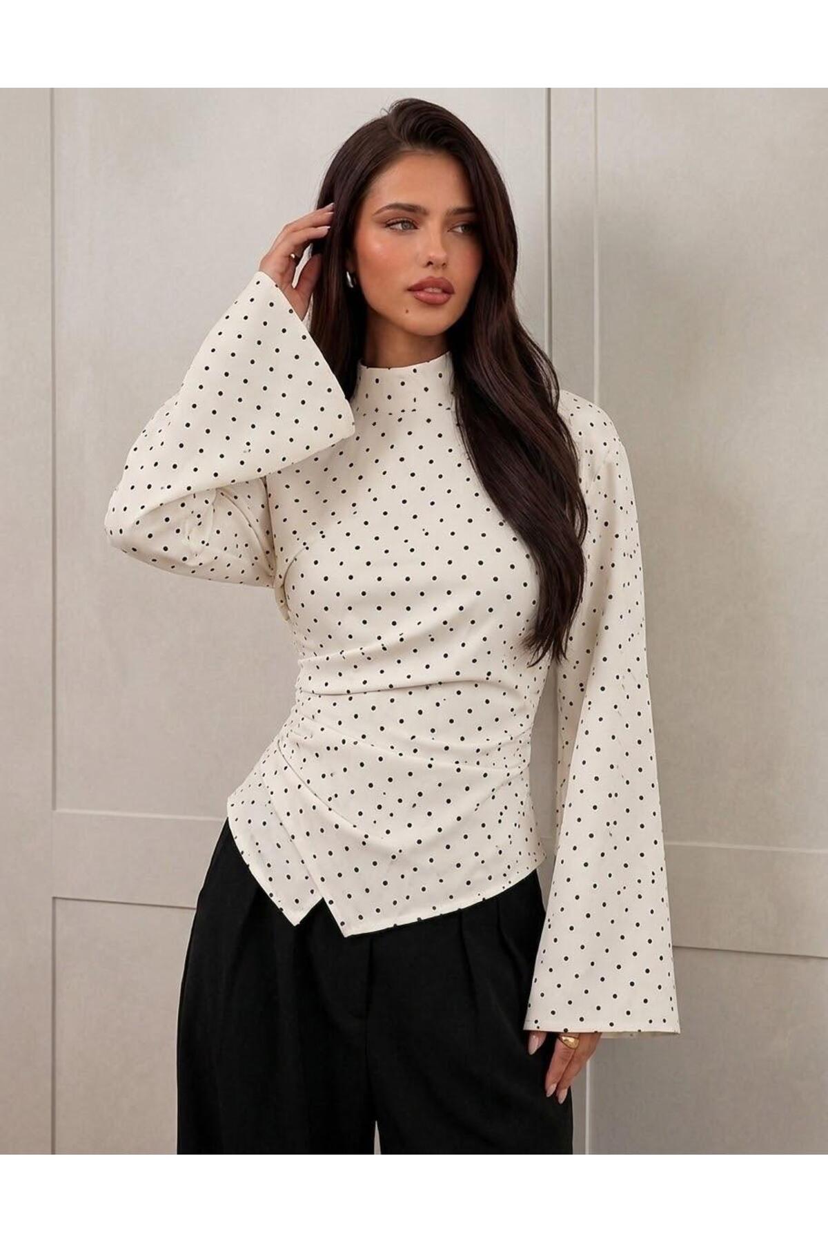 Moda Lounge Dik Yaka Drape Detaylı İspanyol Kollu Şık Bluz görsel 4