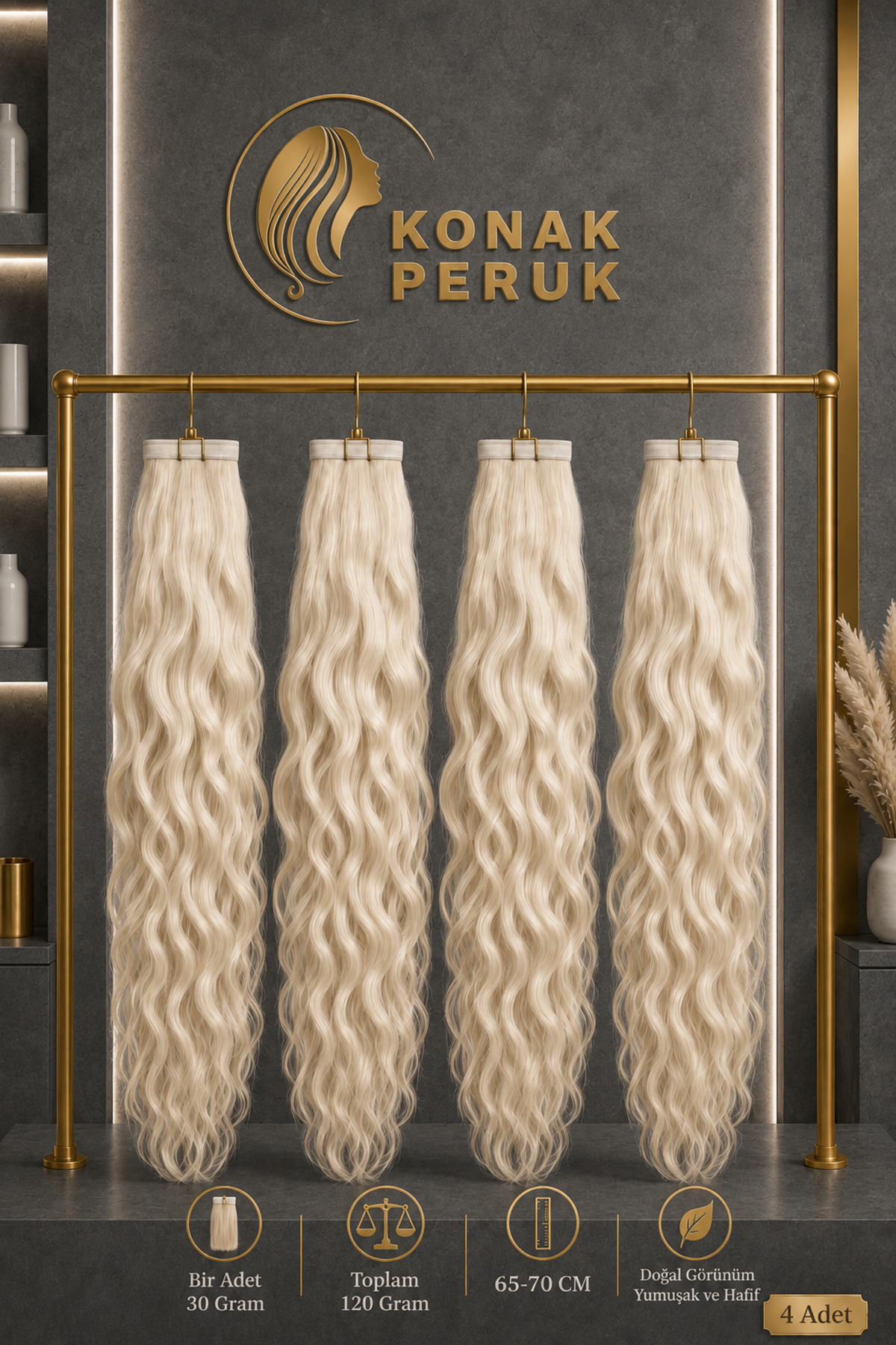 KONAK PERUK Fiber Sentetik Uzun Afro Dalgalı 4 Parça Çıt Çıt - Platin