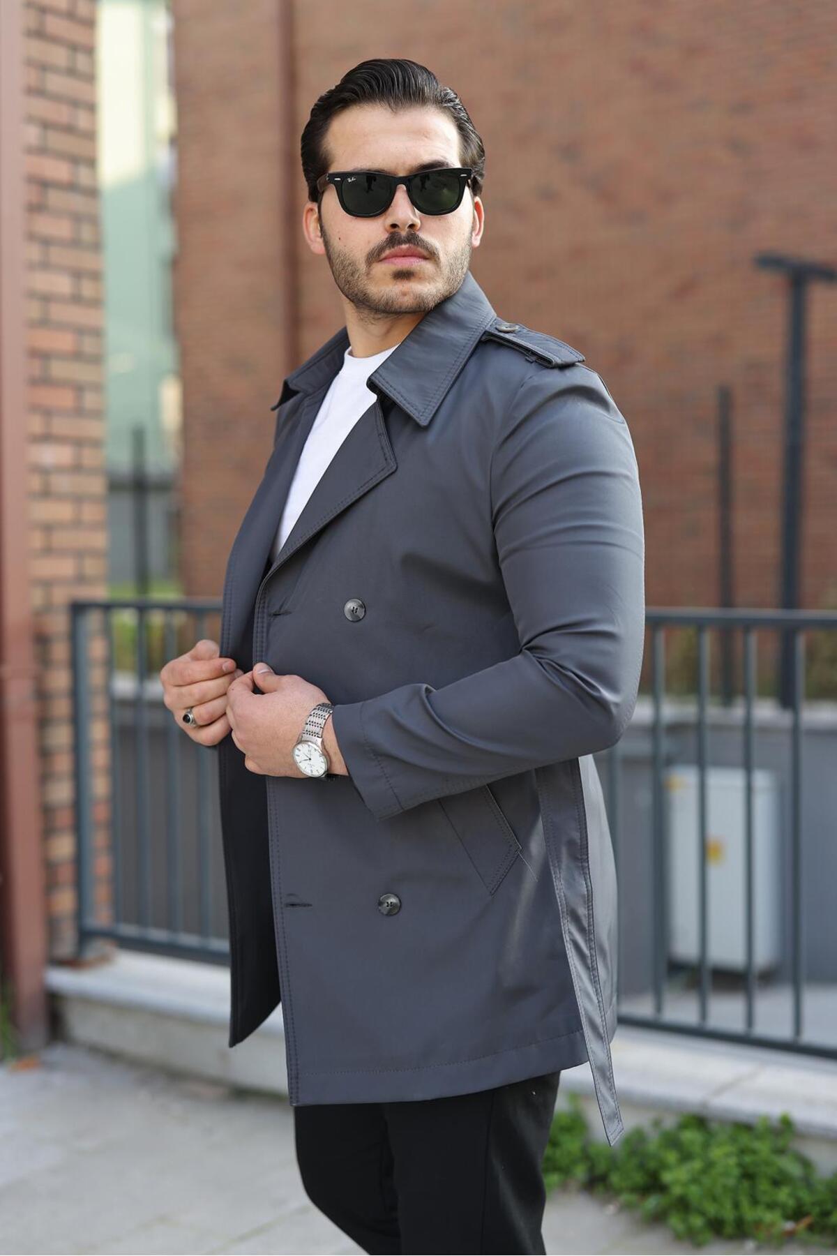 ronex Slim Fit Uzun Kemerli Erkek Trençkot görsel 3