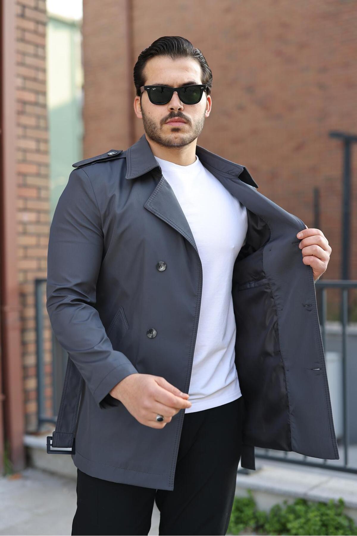 ronex Slim Fit Uzun Kemerli Erkek Trençkot görsel 2