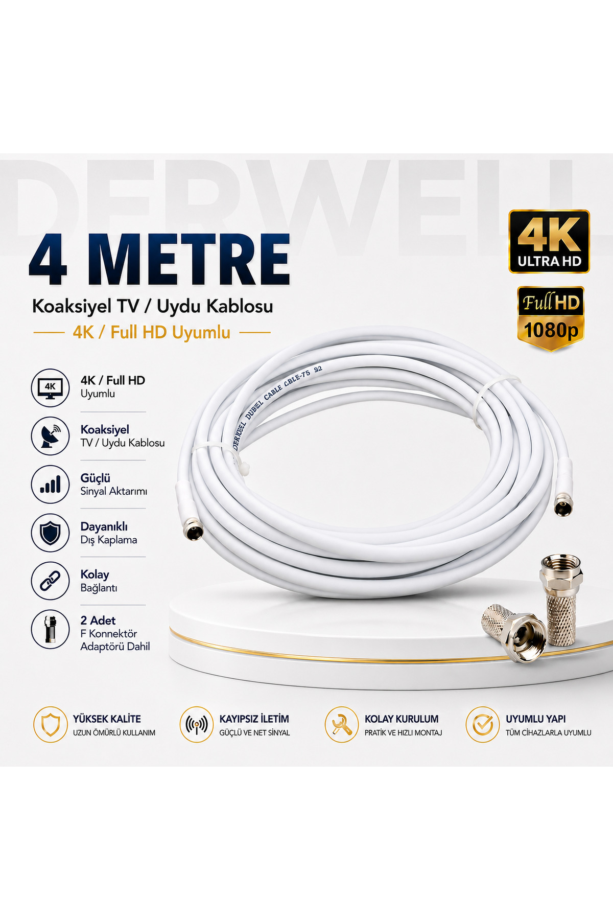 4 Metre 4K Full HD Koaksiyel TV Uydu Anten Kablosu Seti - Güçlü Sinyal Aktarımlı Dayanıklı Televizyon Kablosu - Lnb Alıcı Uyumlu Yüksek Kalite Beyaz