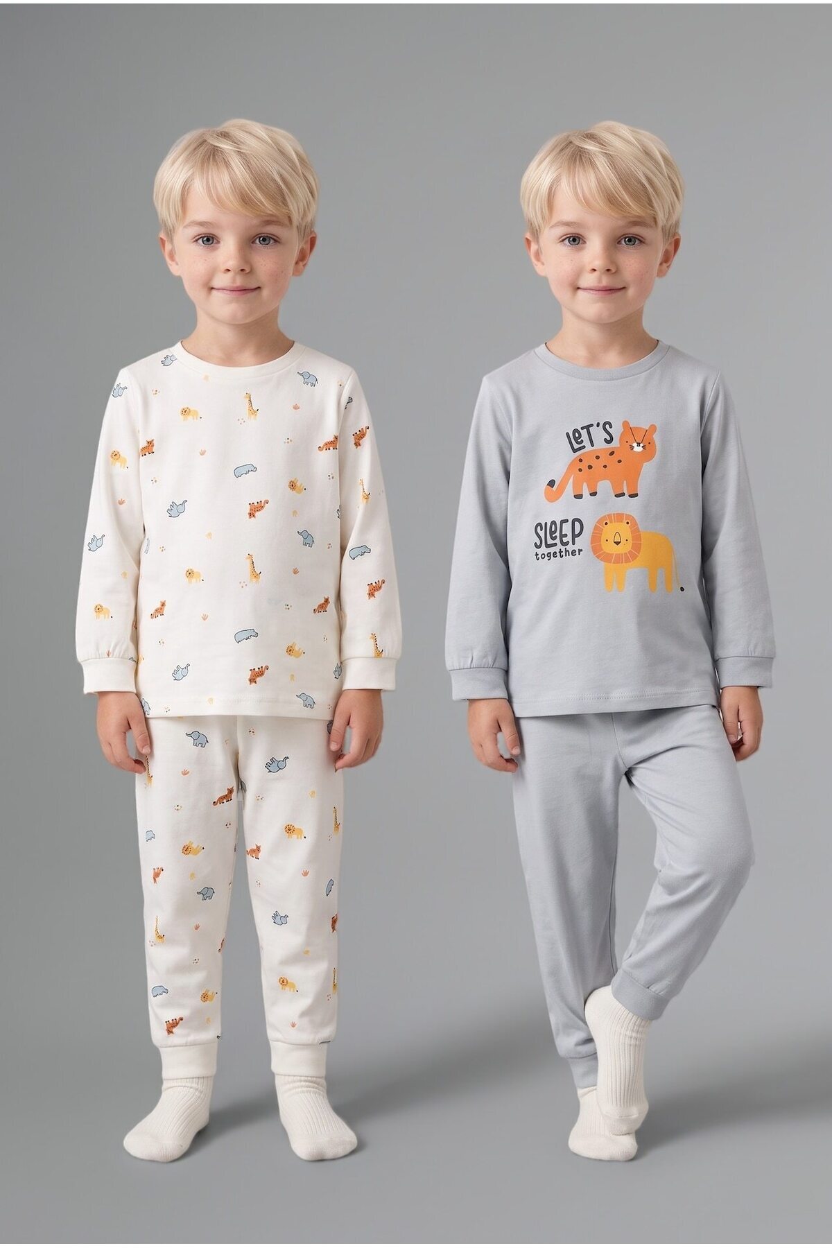 %100 Pamuk Hayvan Desenli Uzun Kollu Üst Lastikli Paça 4'lü Pijama Takımı Erkek Bebek I1440A526AU