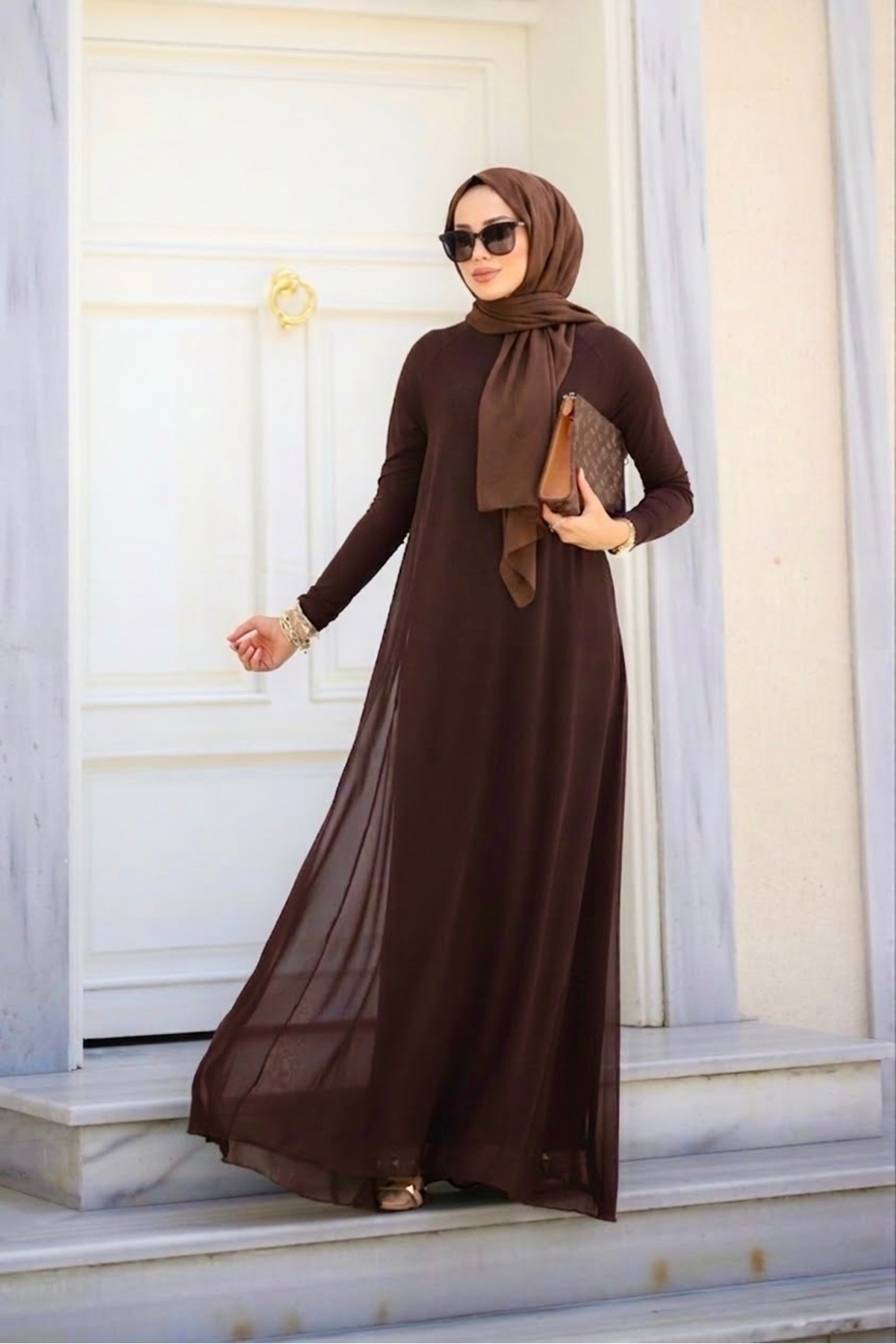Mürdüm butik Şifon Detaylı Bahar Elbise- Acı Kahve görsel 3