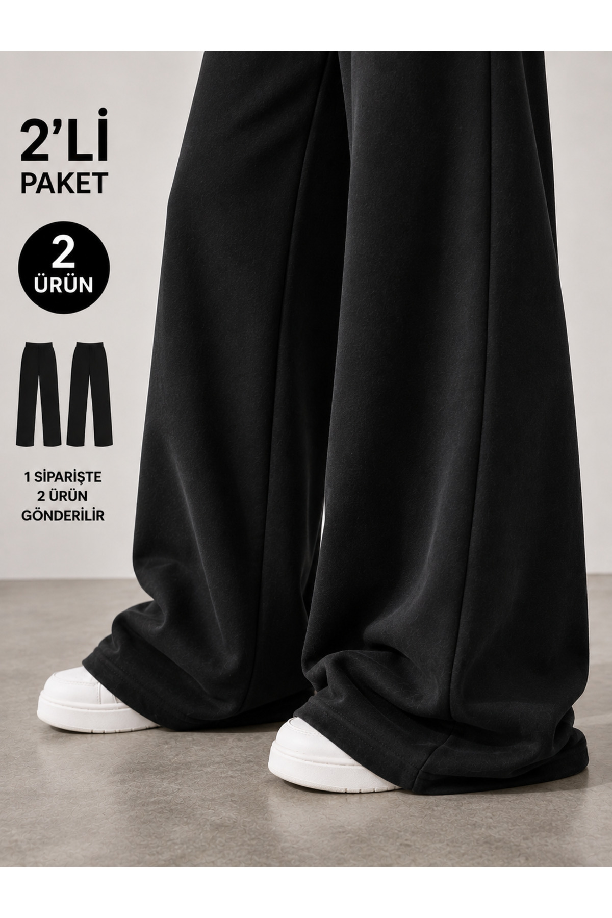 yx yustex sport 2 Adet Kadın Eşofman Altı Set (SİYAH+SİYAH) Oversize Rahat Kalıp Bol Paça görsel 4