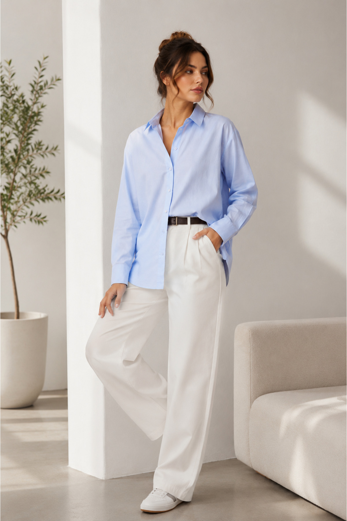 Meşe Moda Kadın Bebe Mavisi %100 Pamuk Oversize Gömlek, Uzun Kollu Rahat Kalıp görsel 2