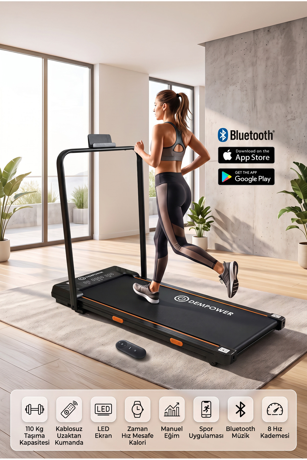 DEMPOWER Manuel Eğimli 110 Kg Kapasiteli Kalori Takipli Bluetooth FitShow LED Ekranlı Yürüyüş ve Koşu Bandı