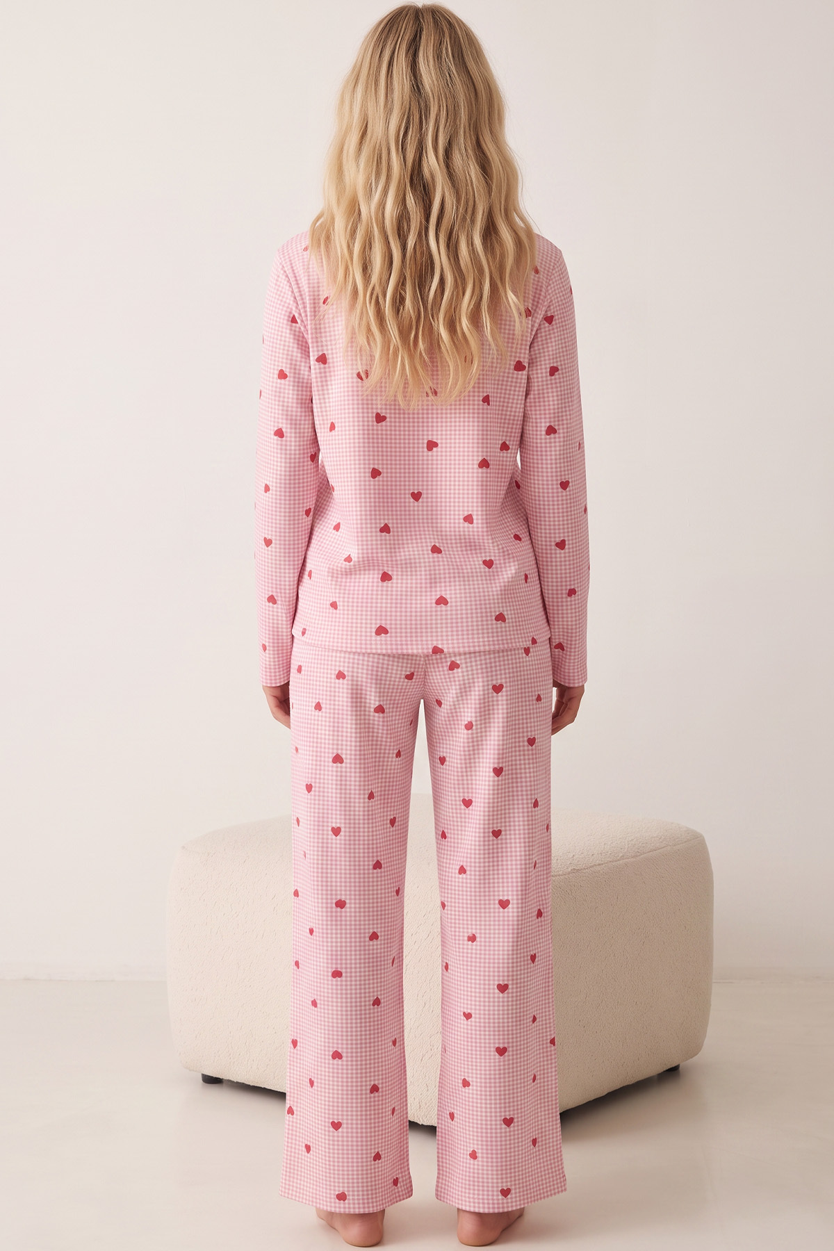 Siyah İnci Pembe Ekose Kalp Desenli Yumuşak Tuşe Kışlık Örme Pijama Takımı 8072 görsel 3