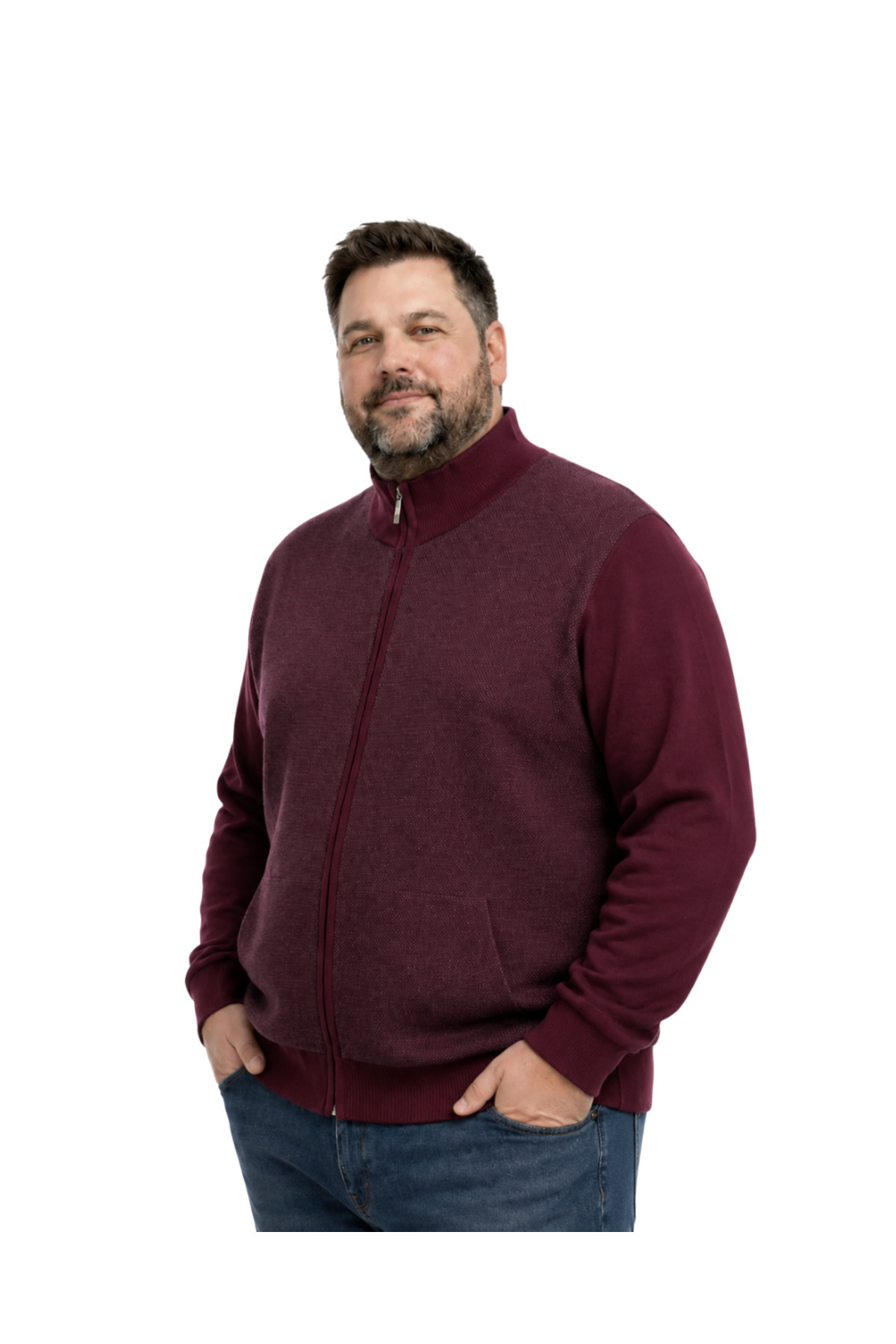 BattalModa Erkek Büyük Beden Bordo Arven Dik Yaka Cepli Triko Hırka 5XL-6XL-7XL-8XL görsel 2