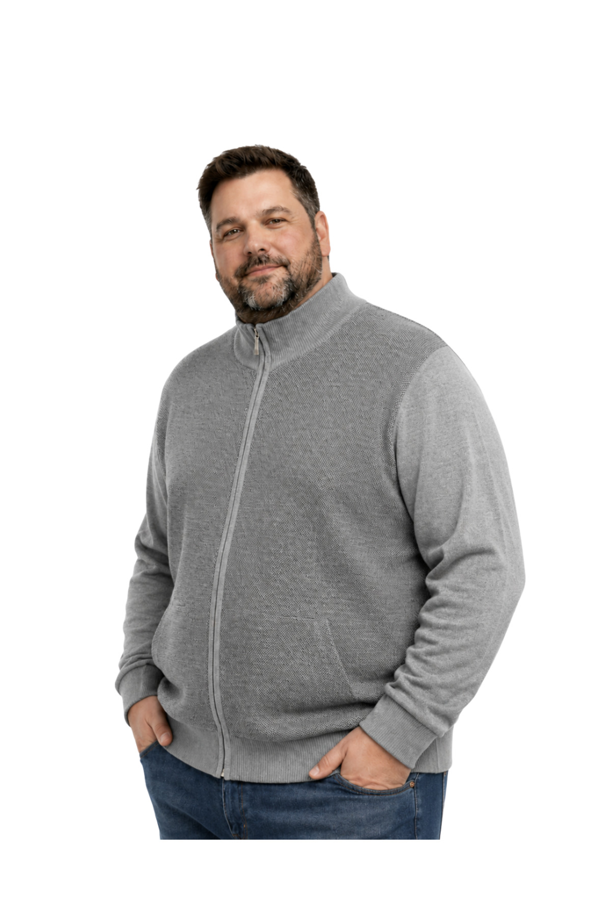BattalModa Erkek Büyük Beden Gri Arven Dik Yaka Cepli Triko Hırka 5XL-6XL-7XL-8XL görsel 2