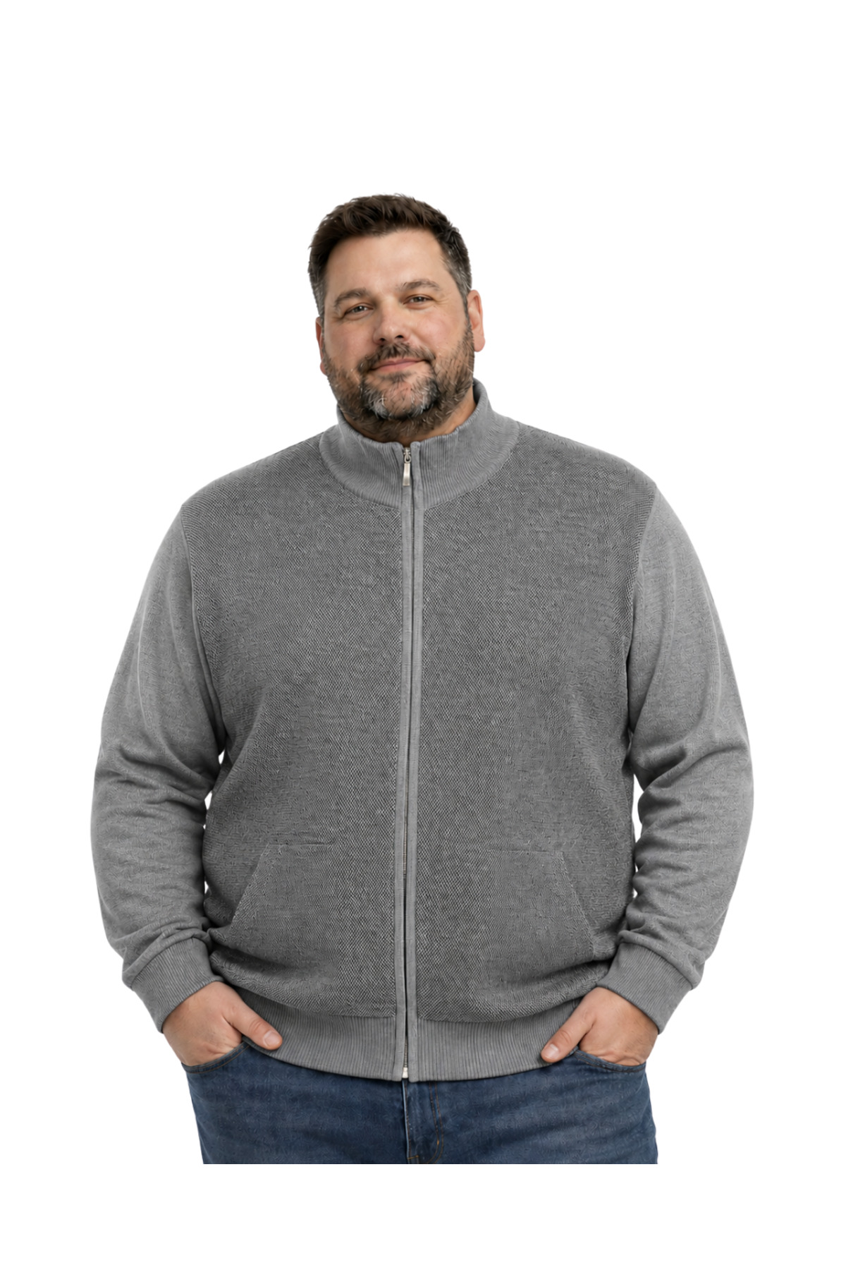 BattalModa Erkek Büyük Beden Gri Arven Dik Yaka Cepli Triko Hırka 5XL-6XL-7XL-8XL