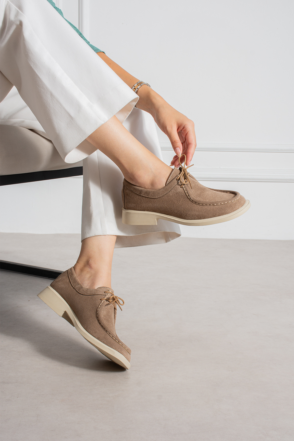 KM shoes Kadın Vizon Süet Bağcıklı Casual Kalın Taban Loafer Ayakkabı görsel 3