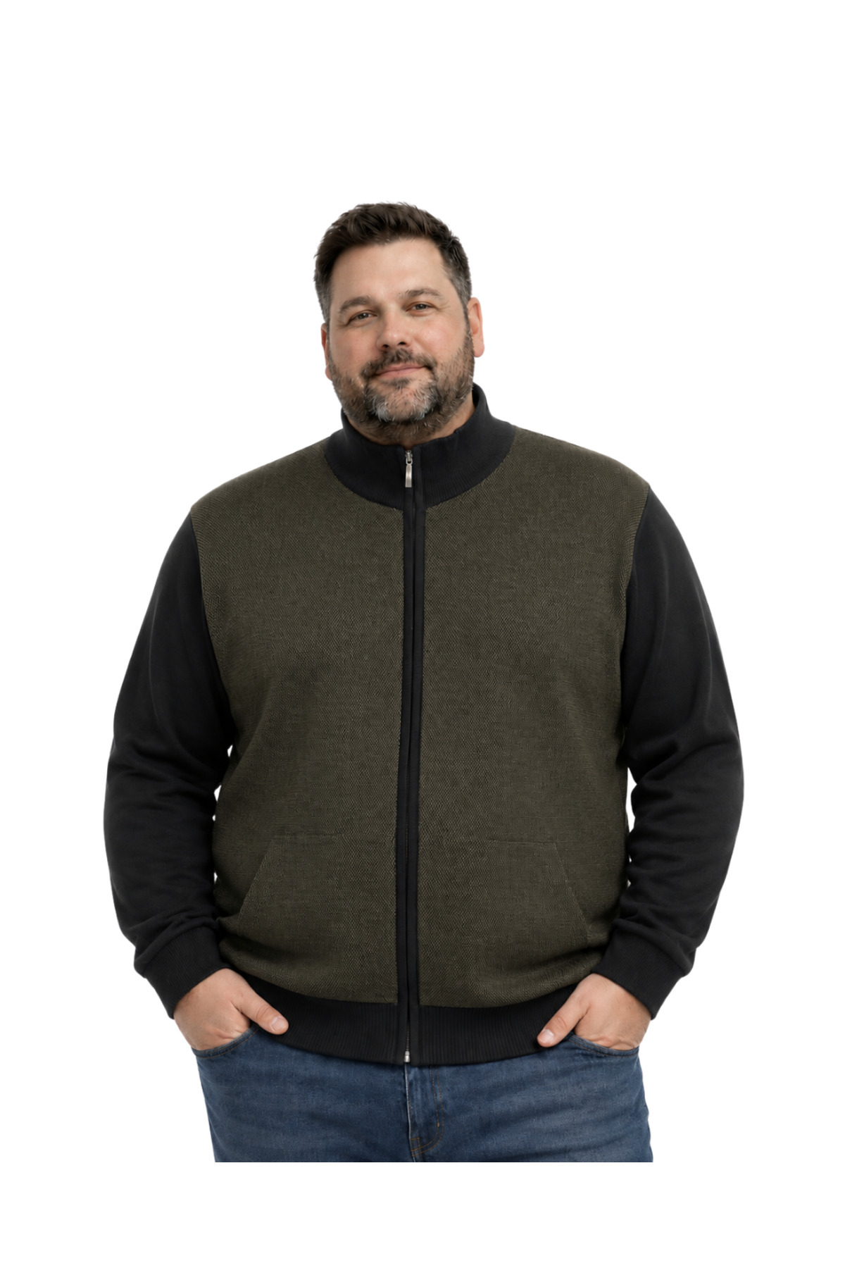 BattalModa Erkek Büyük Beden Haki Arven Dik Yaka Cepli Triko Hırka 5XL-6XL-7XL-8XL