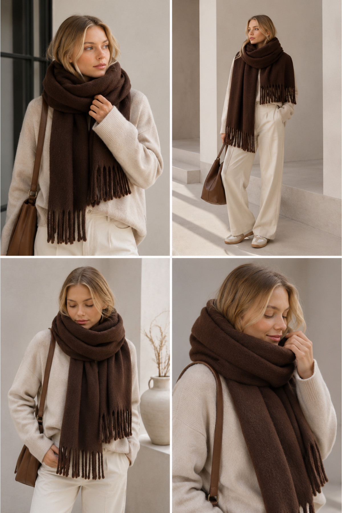 Salt & Sandy Unisex Premium Soft Buklet Atkı, Yumuşak Dokulu Saçaklı Kışlık Atkı - KAHVE görsel 3