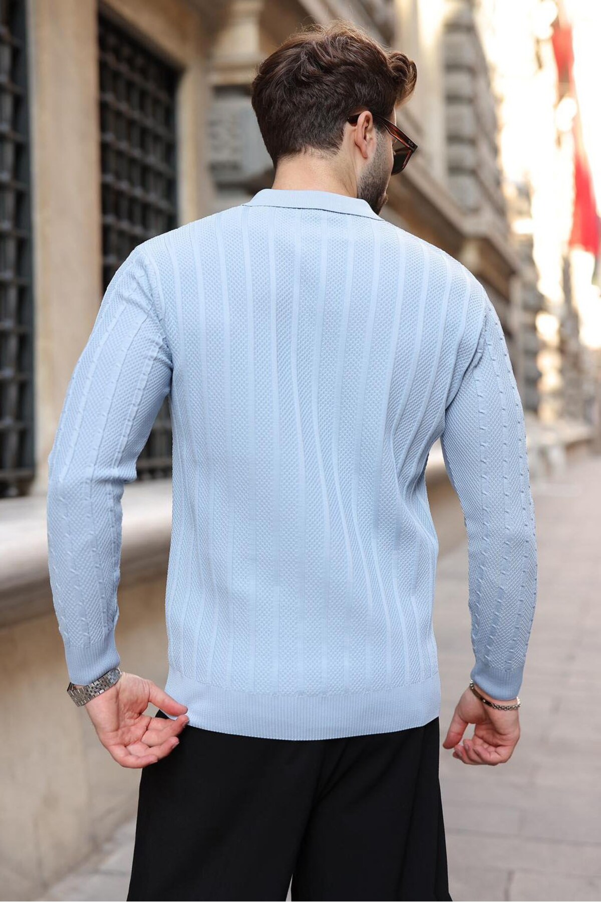 ژاکت بافتنی مردانه یقه پولو آبی نوزادی E7507 — آبی — تصویر 5 از 5