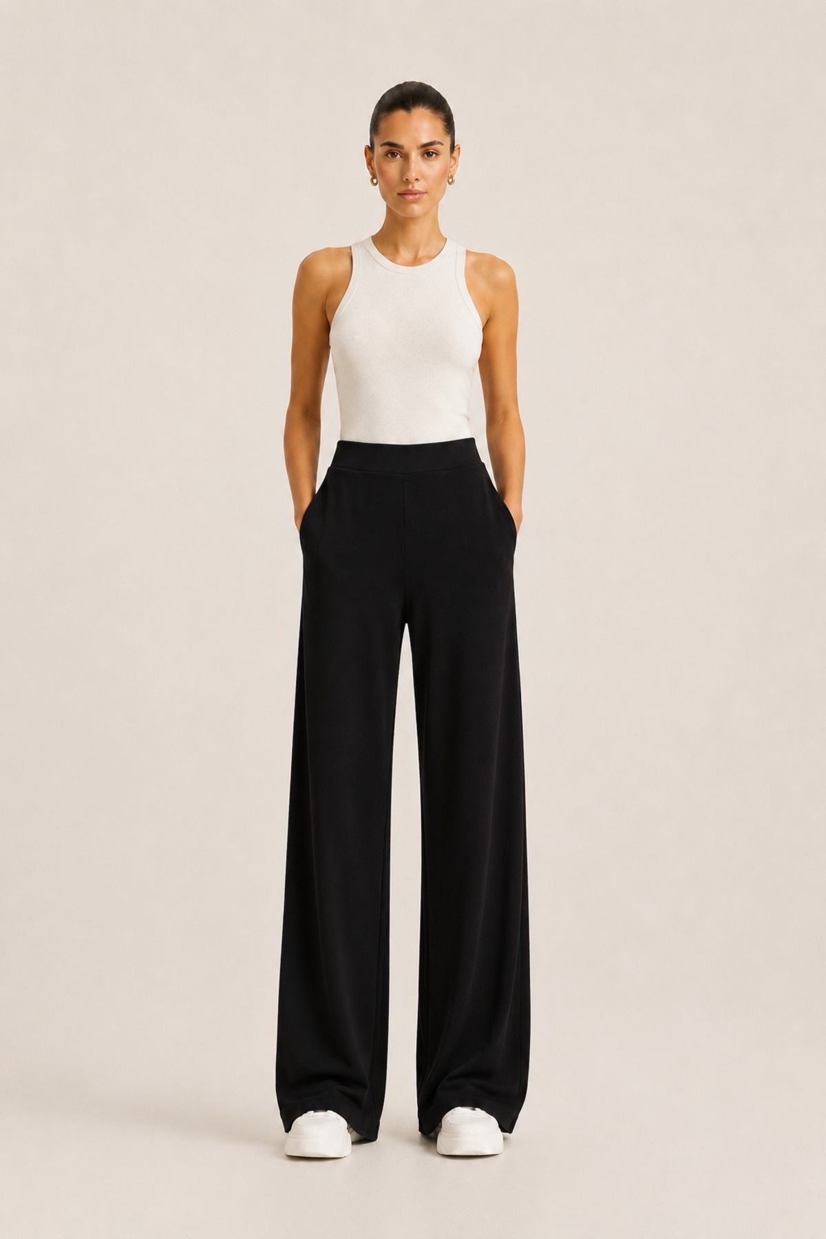 Grenj Fashion Siyah Soft Touch Yüksek Bel Cepli Wide Leg Modal Pantolon görsel 4