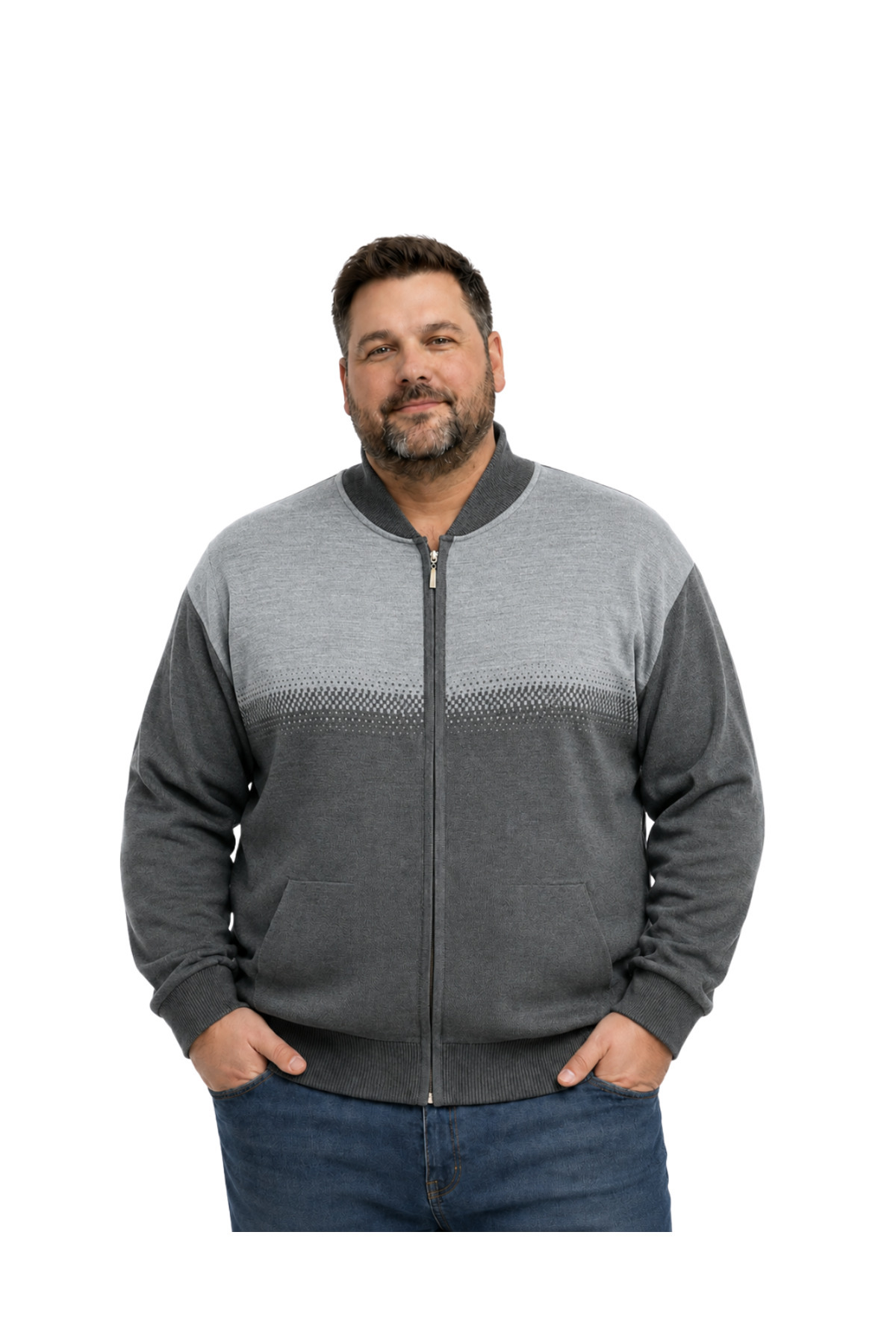 BattalModa Erkek Büyük Beden Füme Pixel Cepli Triko Hırka 5XL-6XL-7XL-8XL