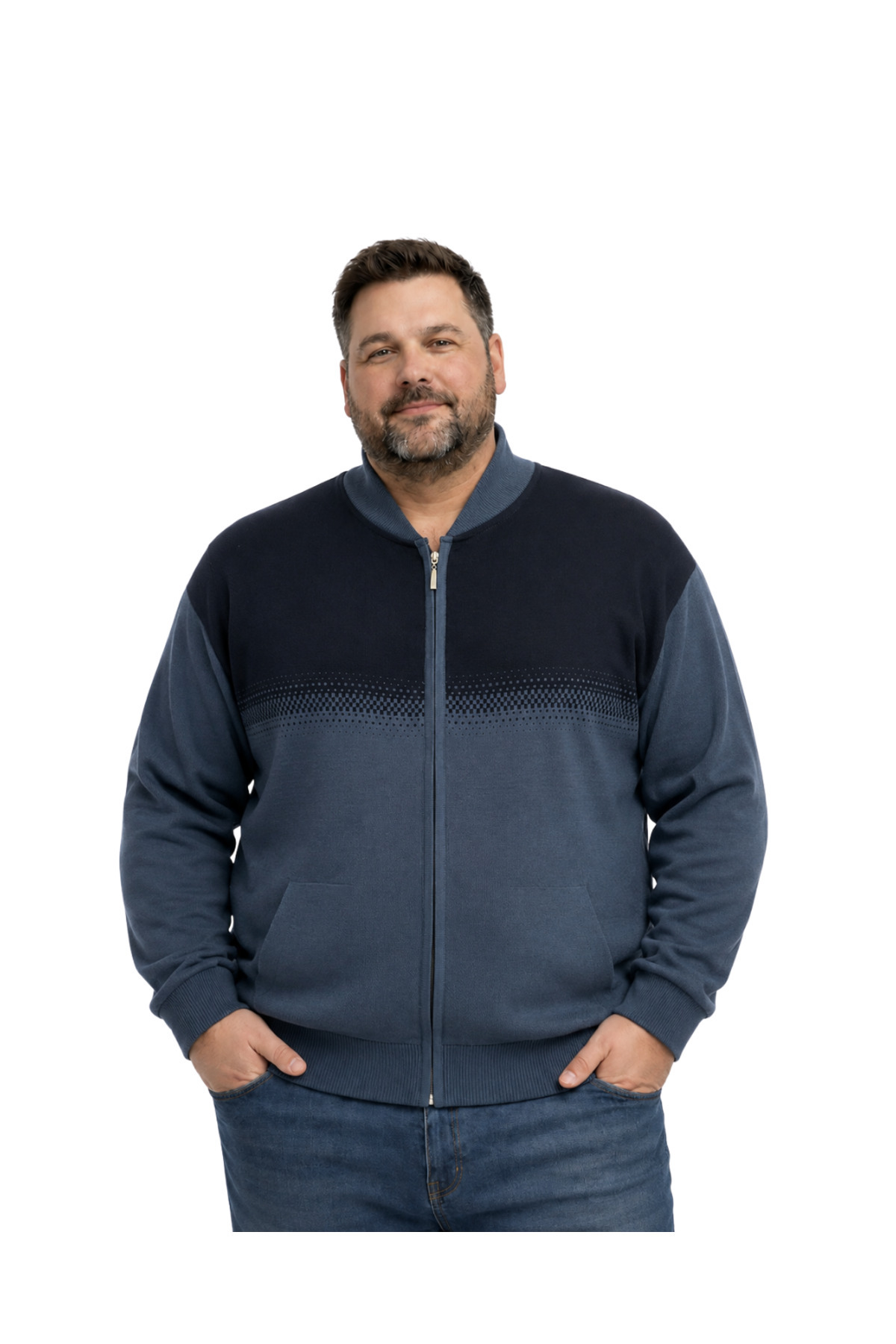 BattalModa Erkek Büyük Beden İndigo Pixel Cepli Triko Hırka 5XL-6XL-7XL-8XL
