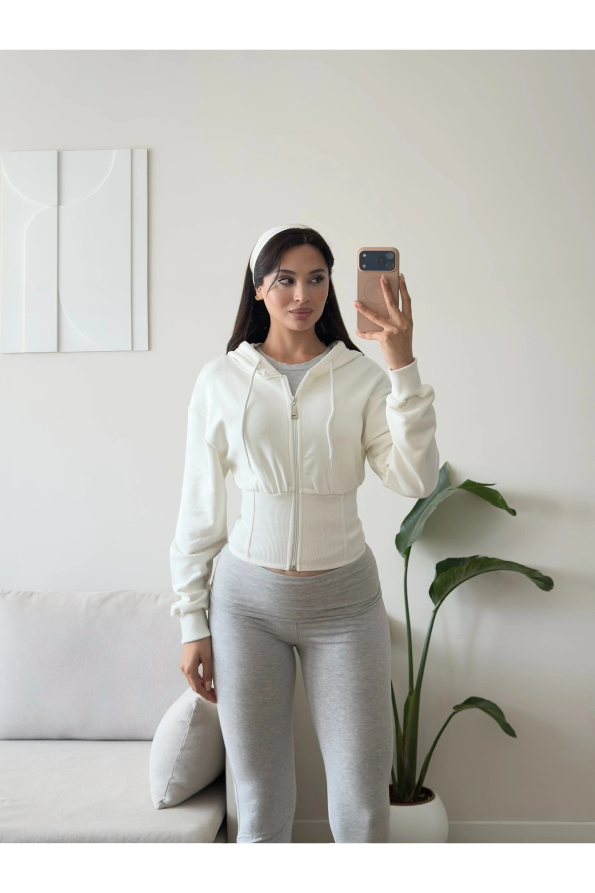 Zoom Butik Bel Korse Kapşonlu Hırka - BEYAZ görsel 3