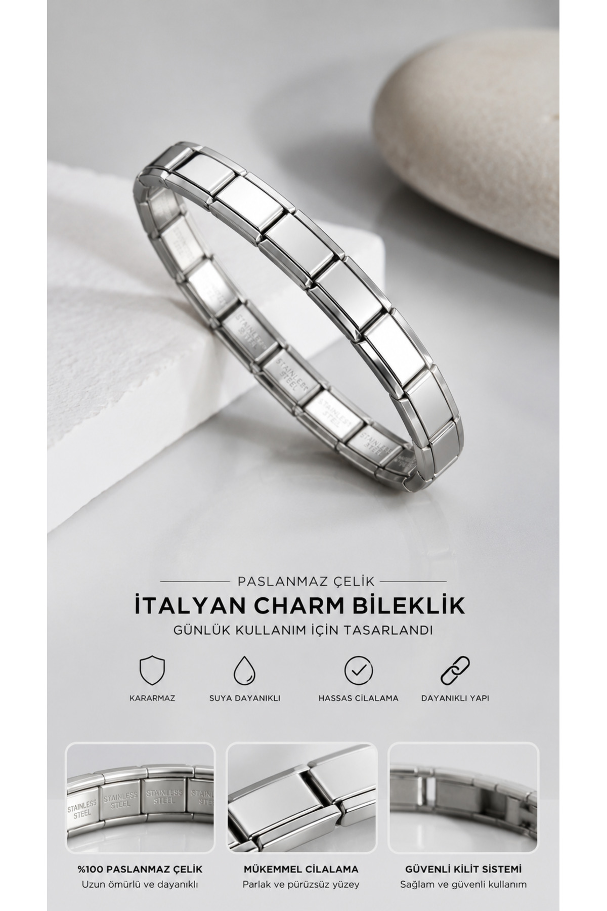 FEMBELT İtalyan Charm Bileklik Gümüş Renk Çelik Kadın Erkek Unisex