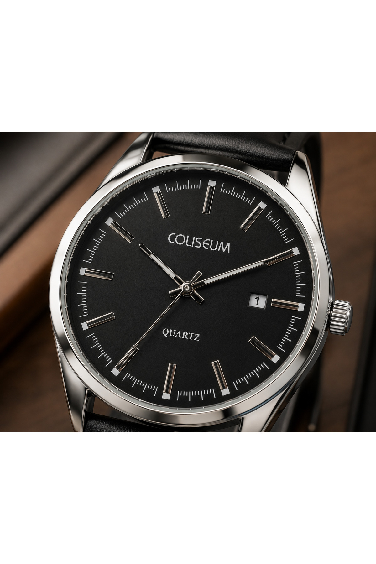 Coliseum Yeni Sezon Erkek Kol Saati Siyah Deri Kordon Takvimli Quartz Siyah Kadran görsel 4