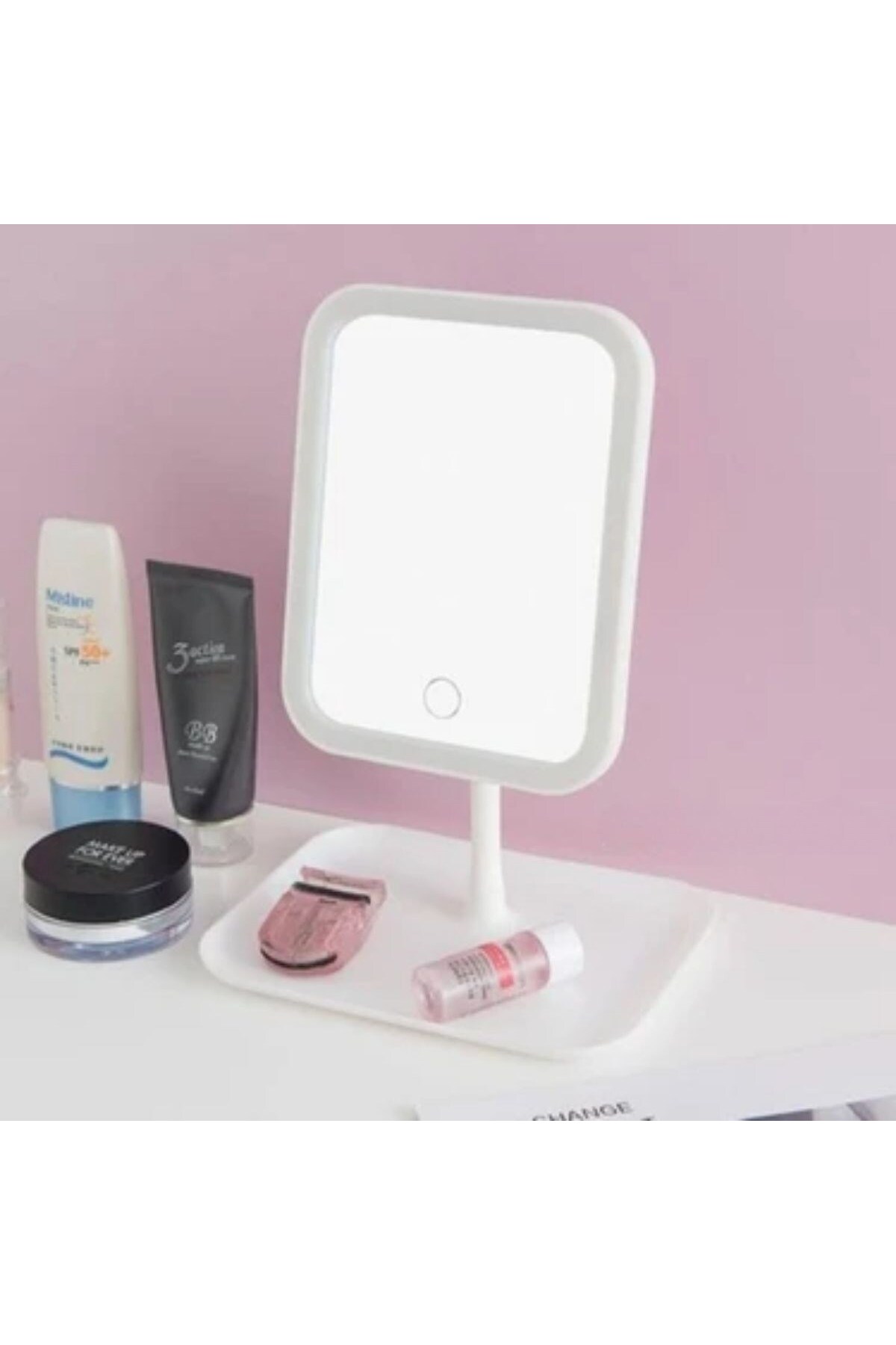 Çetiner Group® Dokunmatik LED Işıklı Kare Makyaj Aynası – Altı Organizer Kaseli, Ayarlanabilir Aydınlatmalı Masaüstü Makyaj ve Cilt Bakım Aynası — AF90YT0090