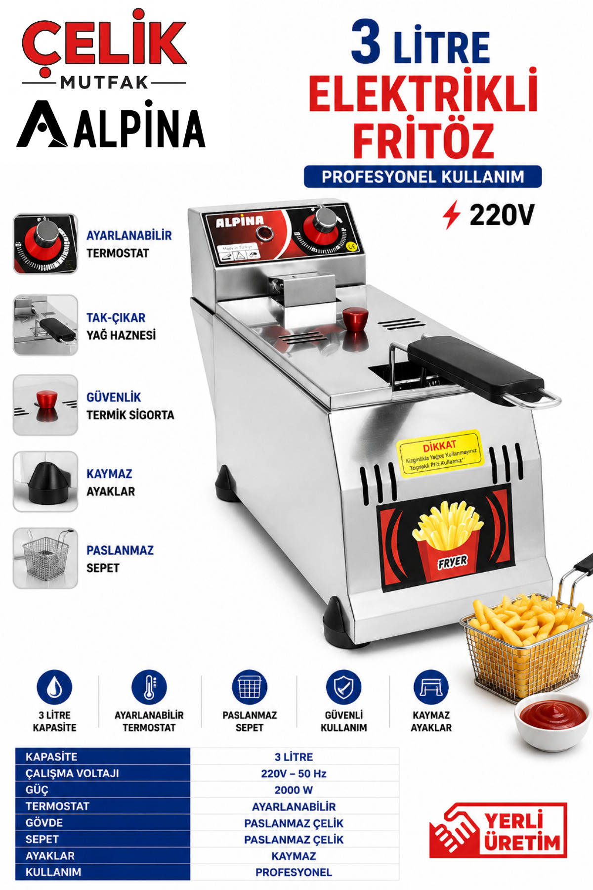ALPİNA MUTFAK Alpina Fritöz Sanayi Tipi Elektrikli Patates Kızartma Makinesi Büfe Tipi 220V Airfryer