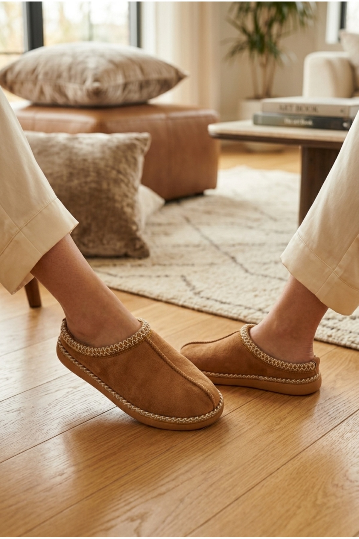 Moda Devrin Taba Unisex Kalın Taban İçi Kürklü Peluş Ev Terliği / Zikzak Dikişli Konforlu Kışlık Ev Ayakkabısı (Yıkanabilir) görsel 3