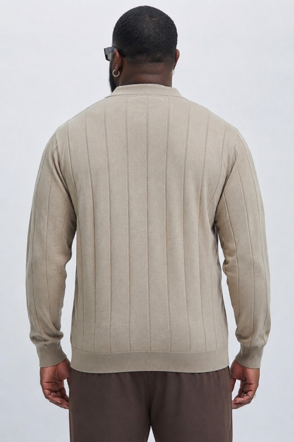 Maccali Erkek Fermuarlı Çizgili Krem Büyük Beden Sweatshirt görsel 6