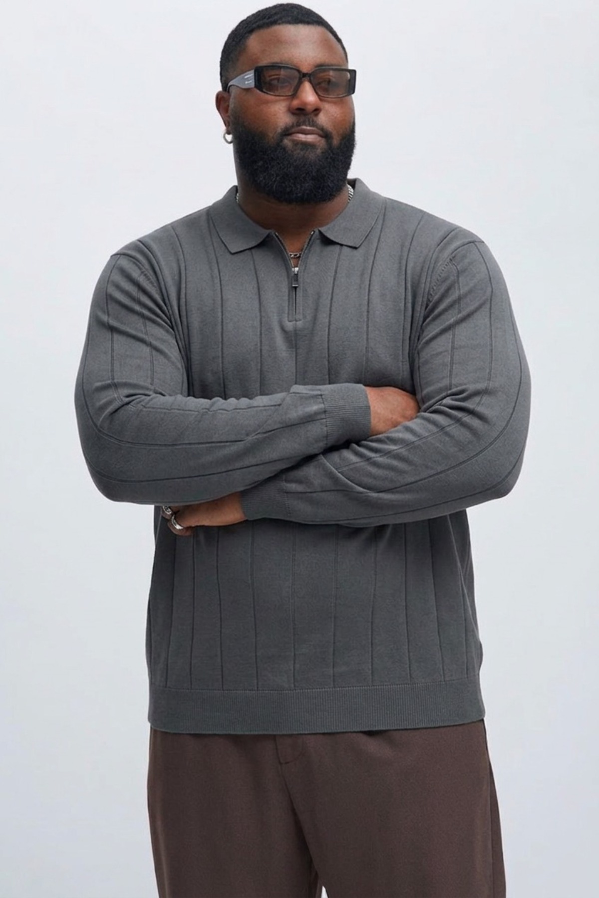 Maccali Erkek Fermuarlı Çizgili Füme Büyük Beden Sweatshirt görsel 4