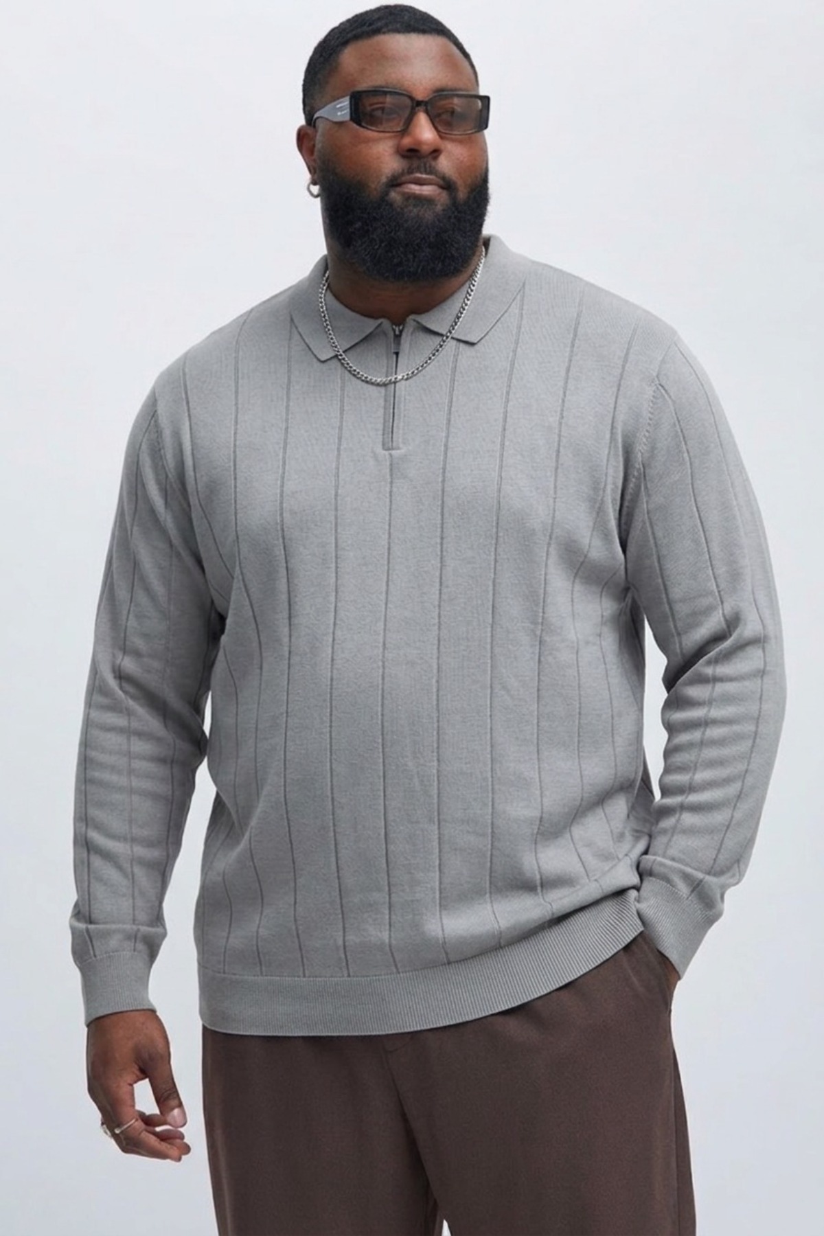 Maccali Erkek Fermuarlı Çizgili Gri Büyük Beden Sweatshirt