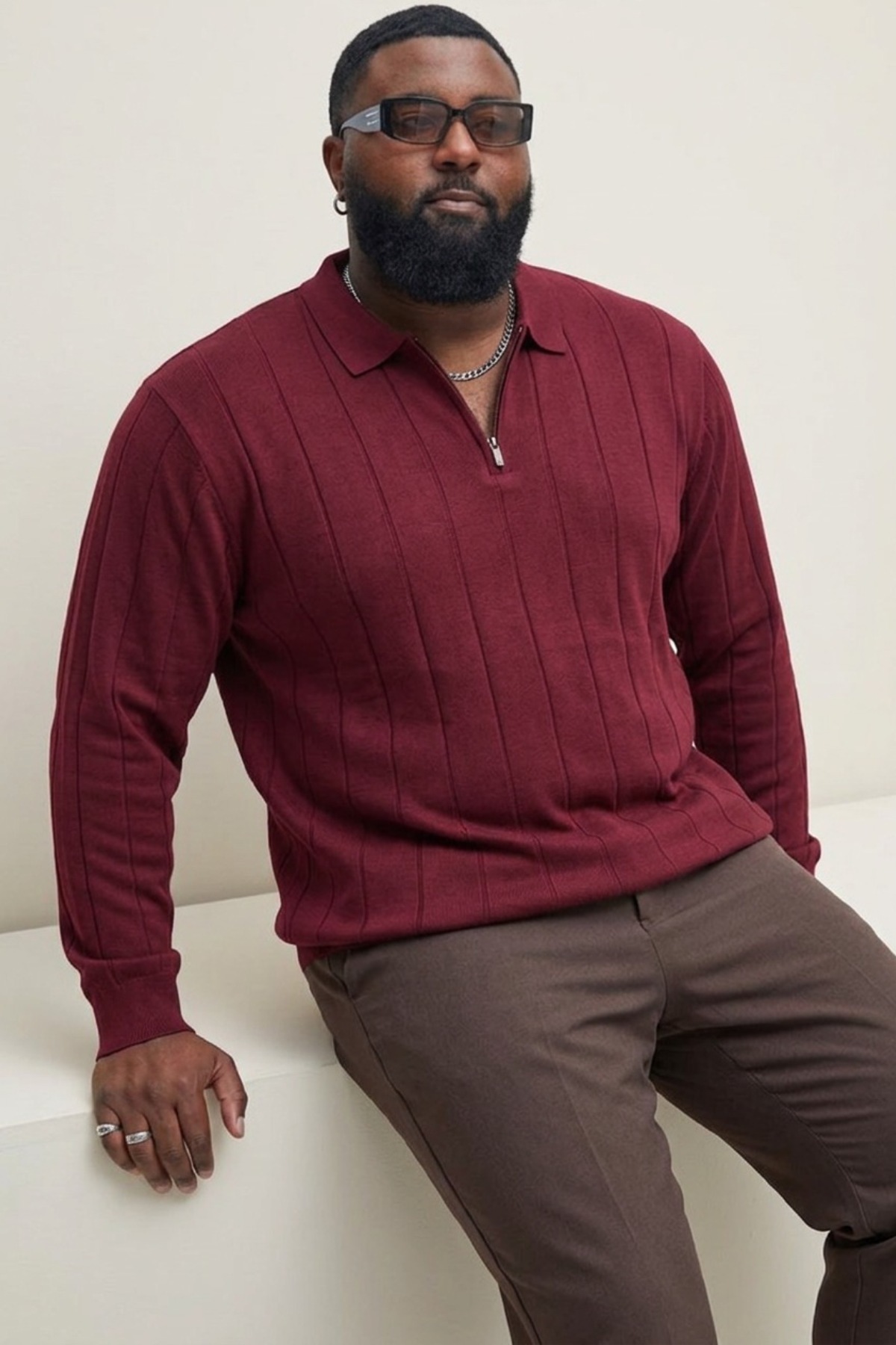 Maccali Erkek Fermuarlı Çizgili Bordo Büyük Beden Sweatshirt görsel 4