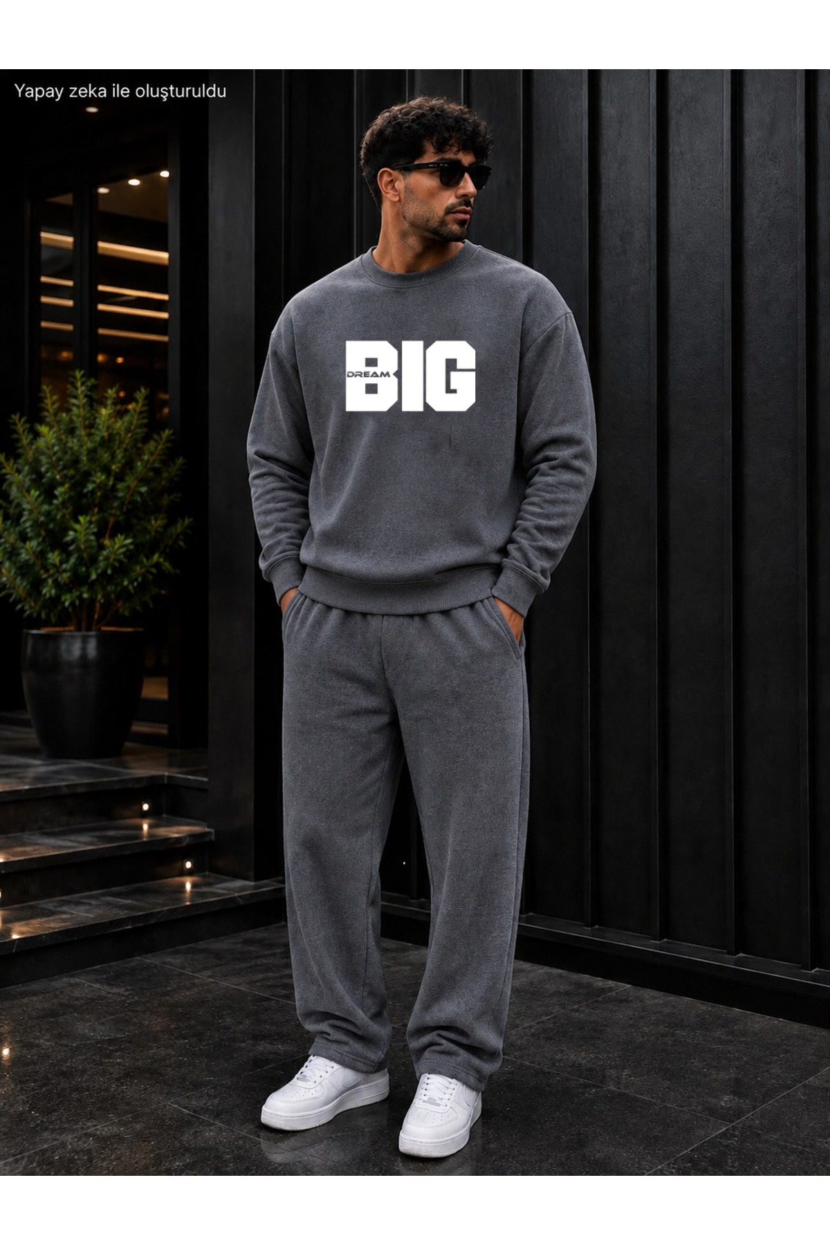 Erkek Dream Big Slogan Baskılı Bisiklet Yaka Regular Fit Erkek Eşofman Takımı /Düz Paça Alt — رنگارنگ CKTK020926