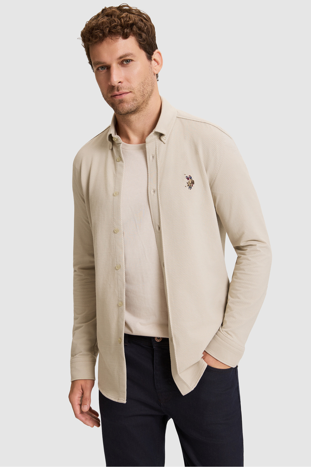 U.S. Polo Assn. Erkek Açık Haki Uzun Kollu Gömlek 50329721-VR183 — سبز