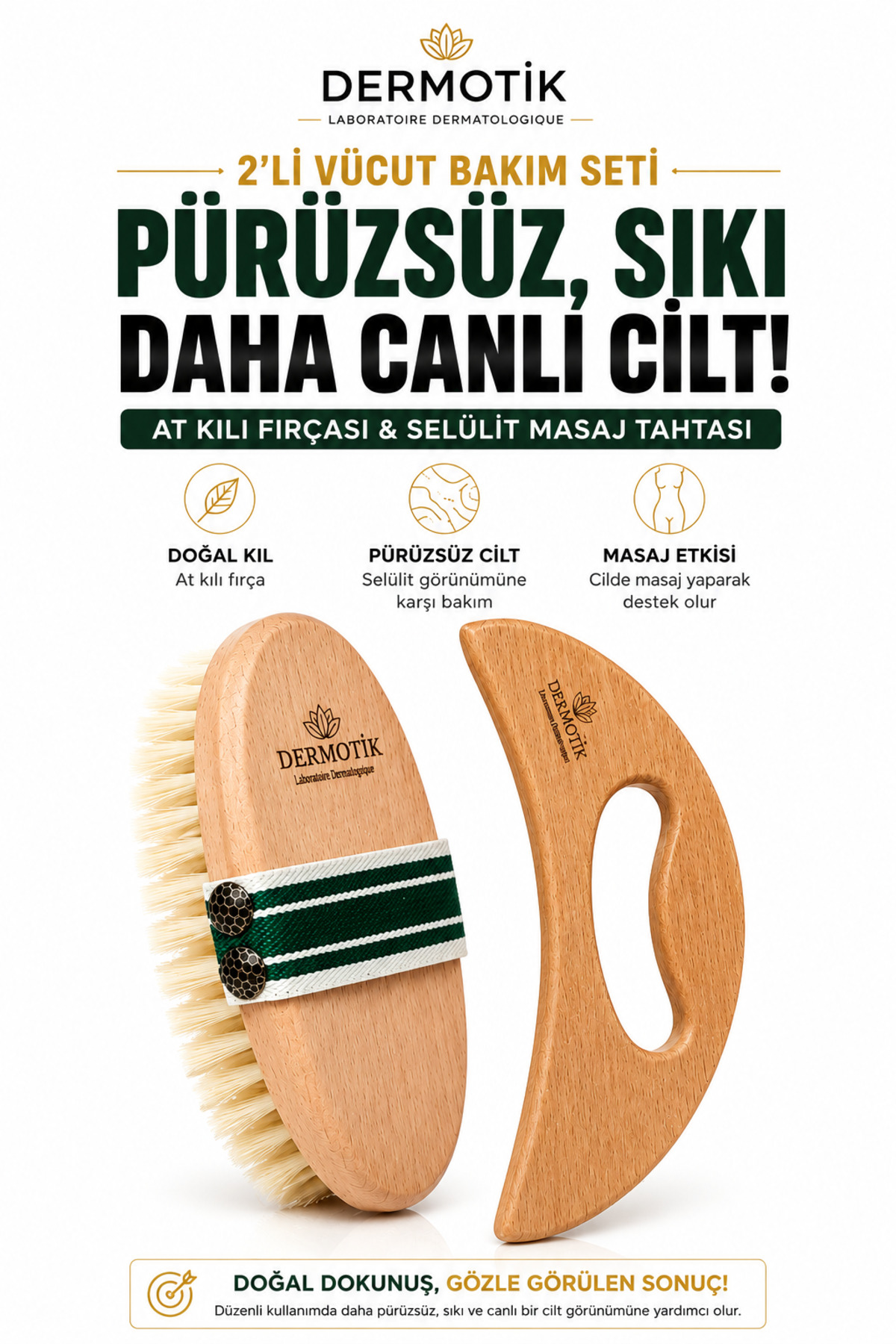 Dermotik At Kılı Fırçası & Selülit Masaj Tahtası 2’li Set – Kuru Fırçalama ve Vücut Bakım Seti — TAHTA1