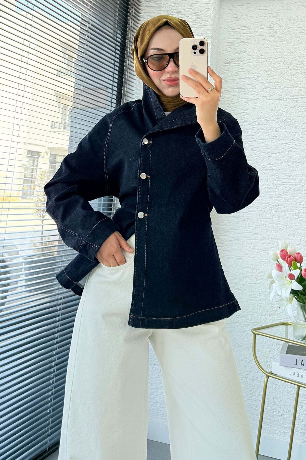MELEK ARAZ Premıum Yandan Düğmeli Denim Ceket - Koyu Mavi
