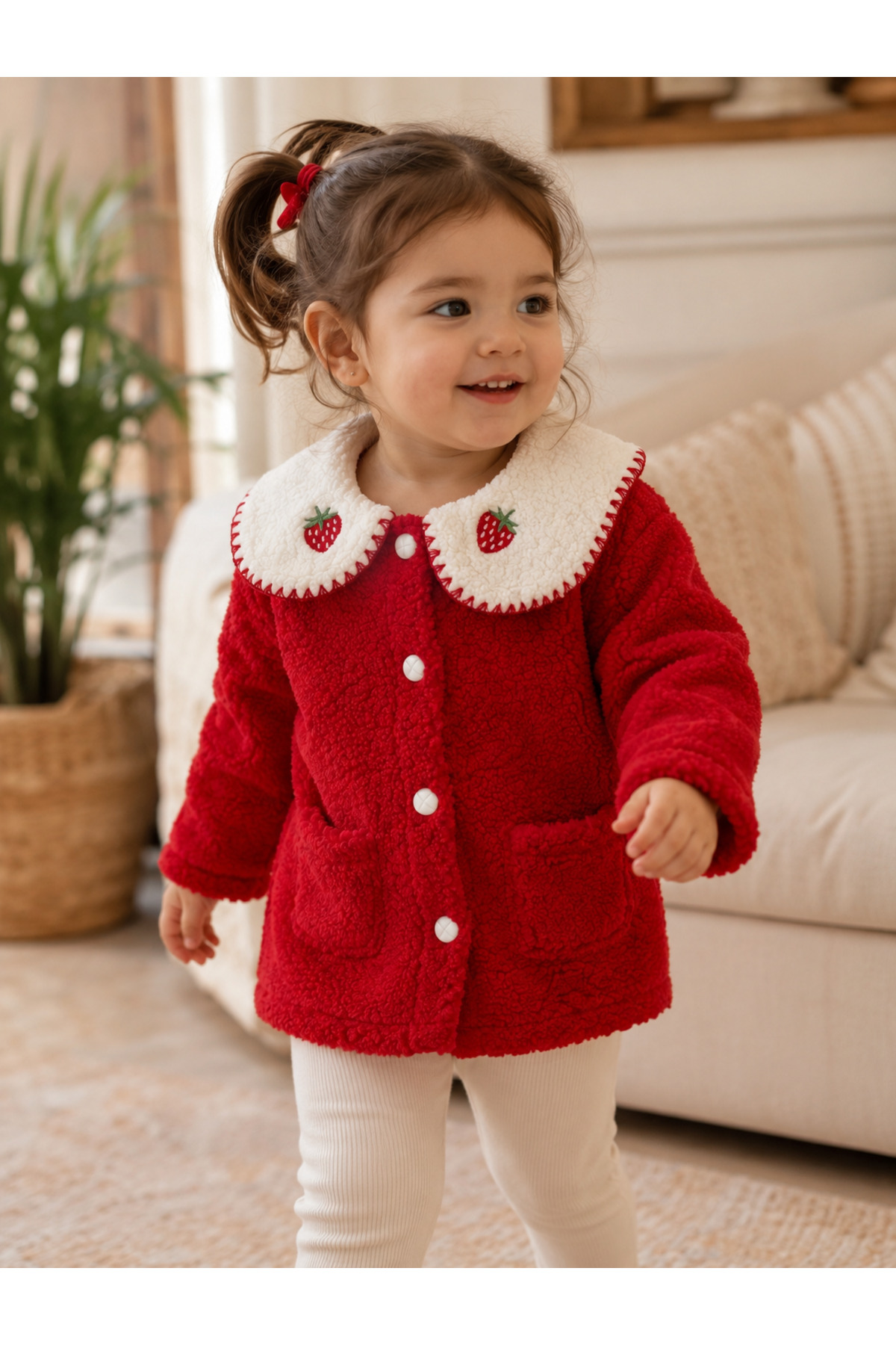 Çilek Nakışlı Bebe Yaka Kırmızı Peluş Kız Çocuk Mont