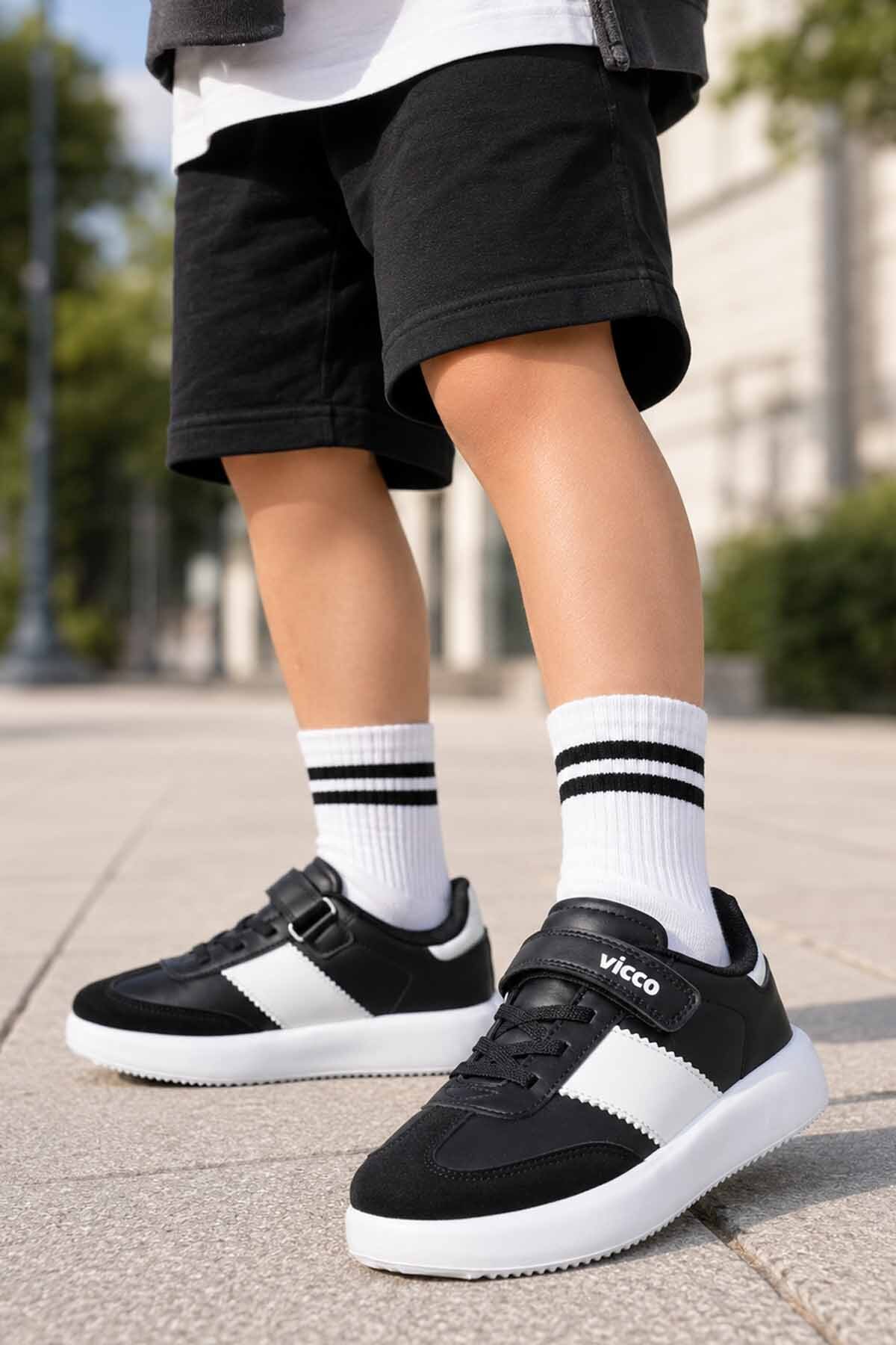 Vicco Çocuk Siyah Beyaz Spor Ayakkabı Cırt Cırtlı Günlük Sneaker Okul Ayakkabısı