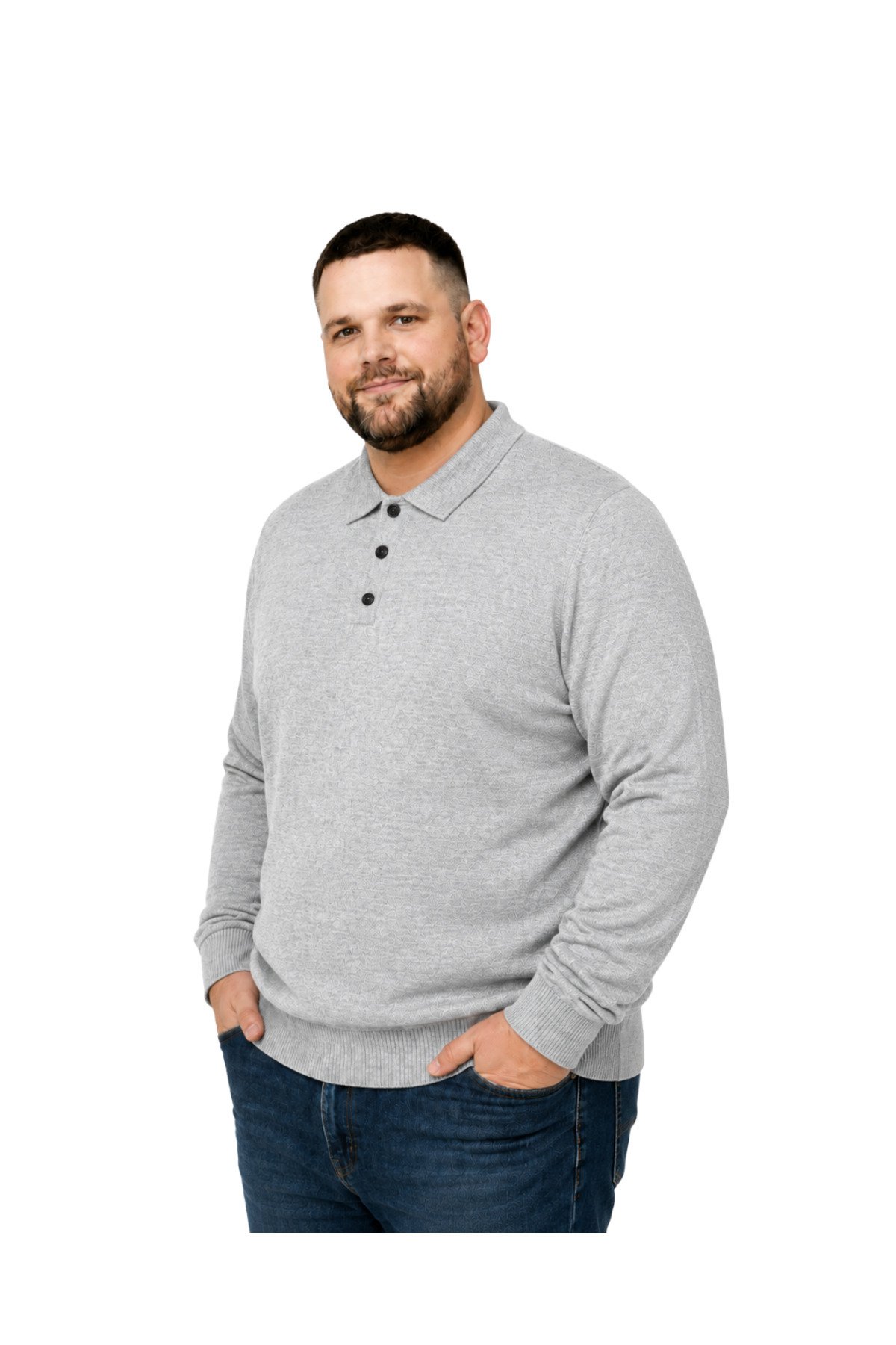 BattalModa Erkek Büyük Beden Gri Düğmeli Polo Yaka Triko Kazak 3XL-4XL-5XL-6XL görsel 2