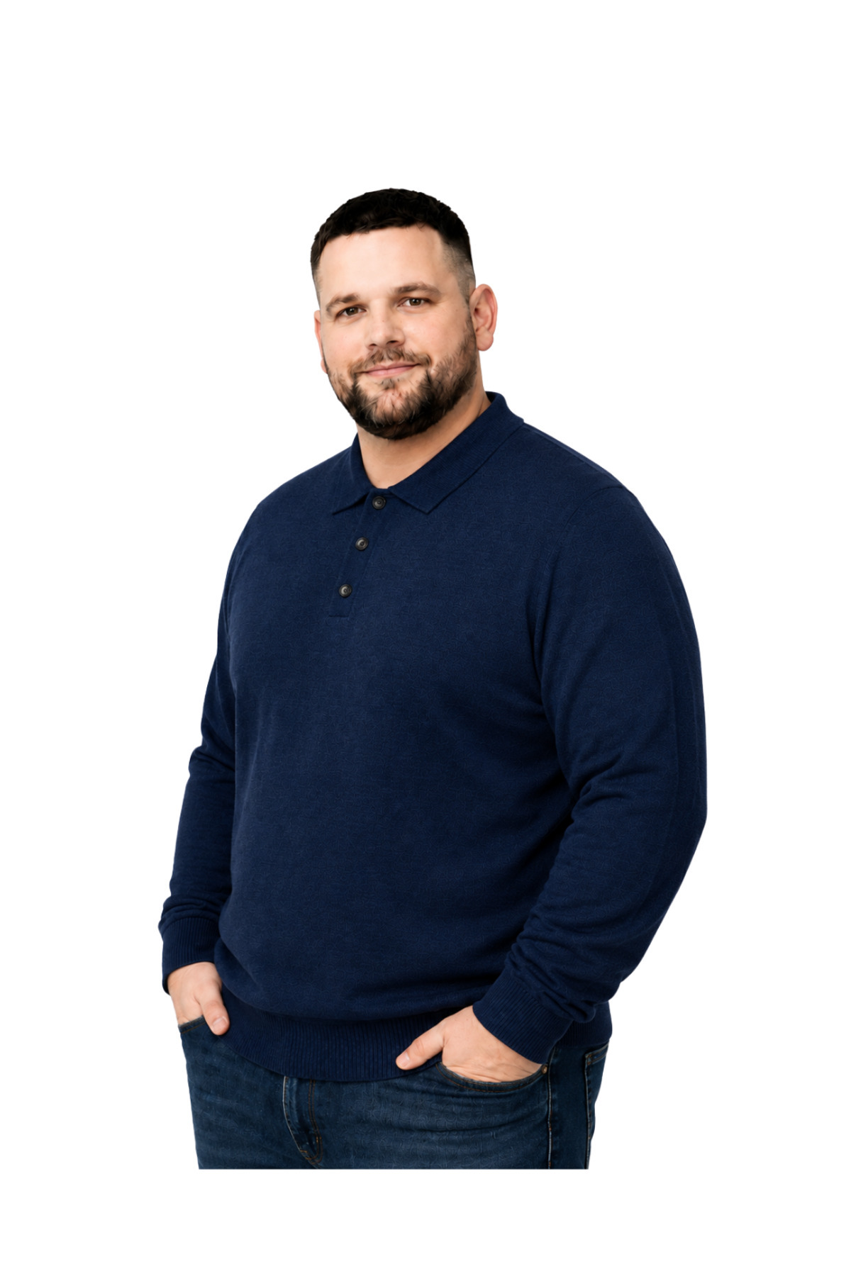 BattalModa Erkek Büyük Beden Melanj Lacivert Düğmeli Polo Yaka Triko Kazak 3XL-4XL-5XL-6XL görsel 2