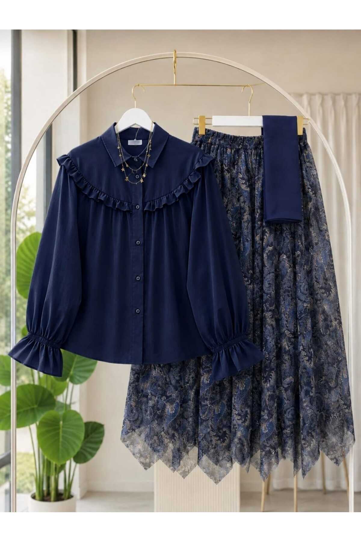 MODA VEDAT Kadın Etnik Desen Detaylı Etekli Takım -0650 (ŞAL HARİÇ)