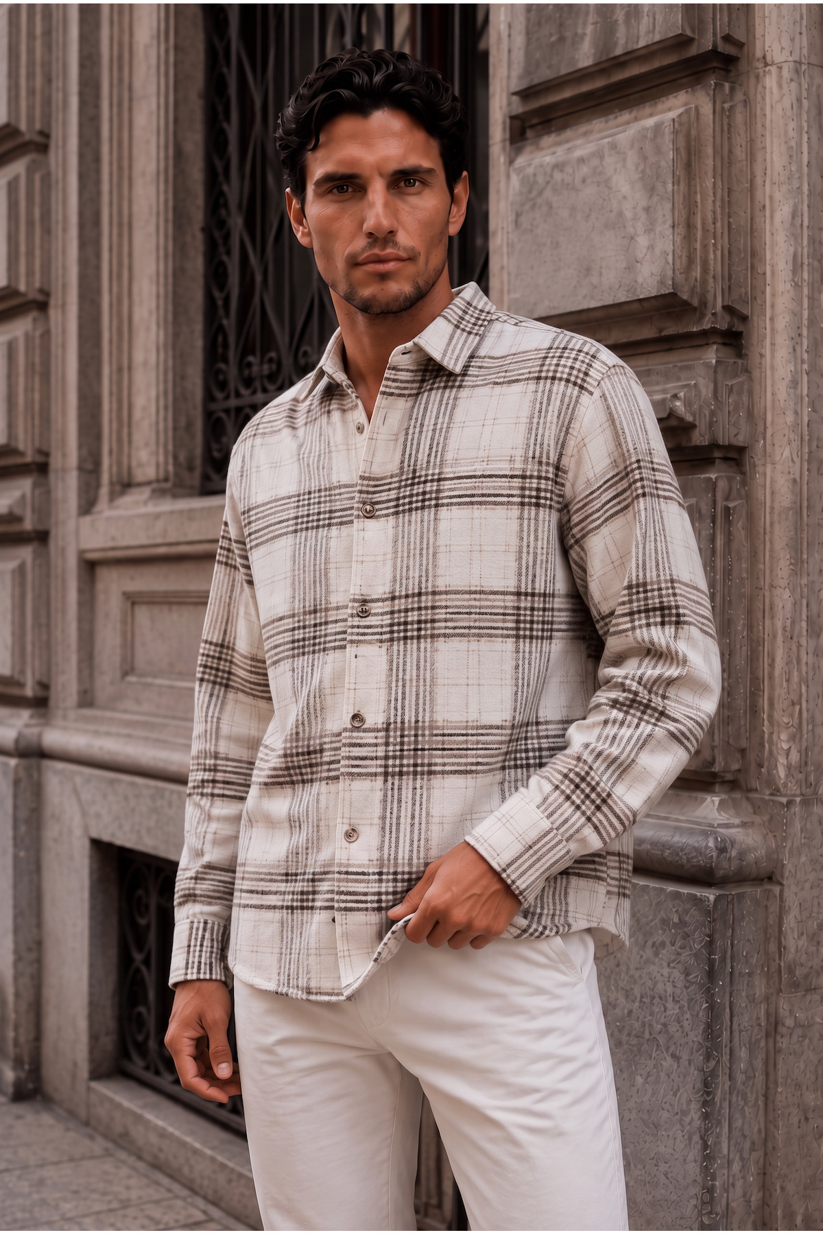 پیراهن مردانه برندون طرح چوب جنگلی، طرح راه راه پهن و نخی، مدل Relaxed Fit - بژ روشن  پیراهن Valiberta