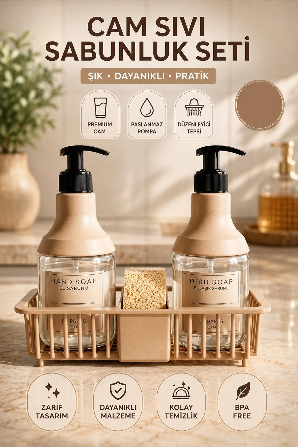 Kitchen Beauty 2’li Cam Sıvı Sabunluk Seti | El ve Bulaşık Sabunu Seti | 6 Farklı Etiket | Standlı Banyo Düzenleyici