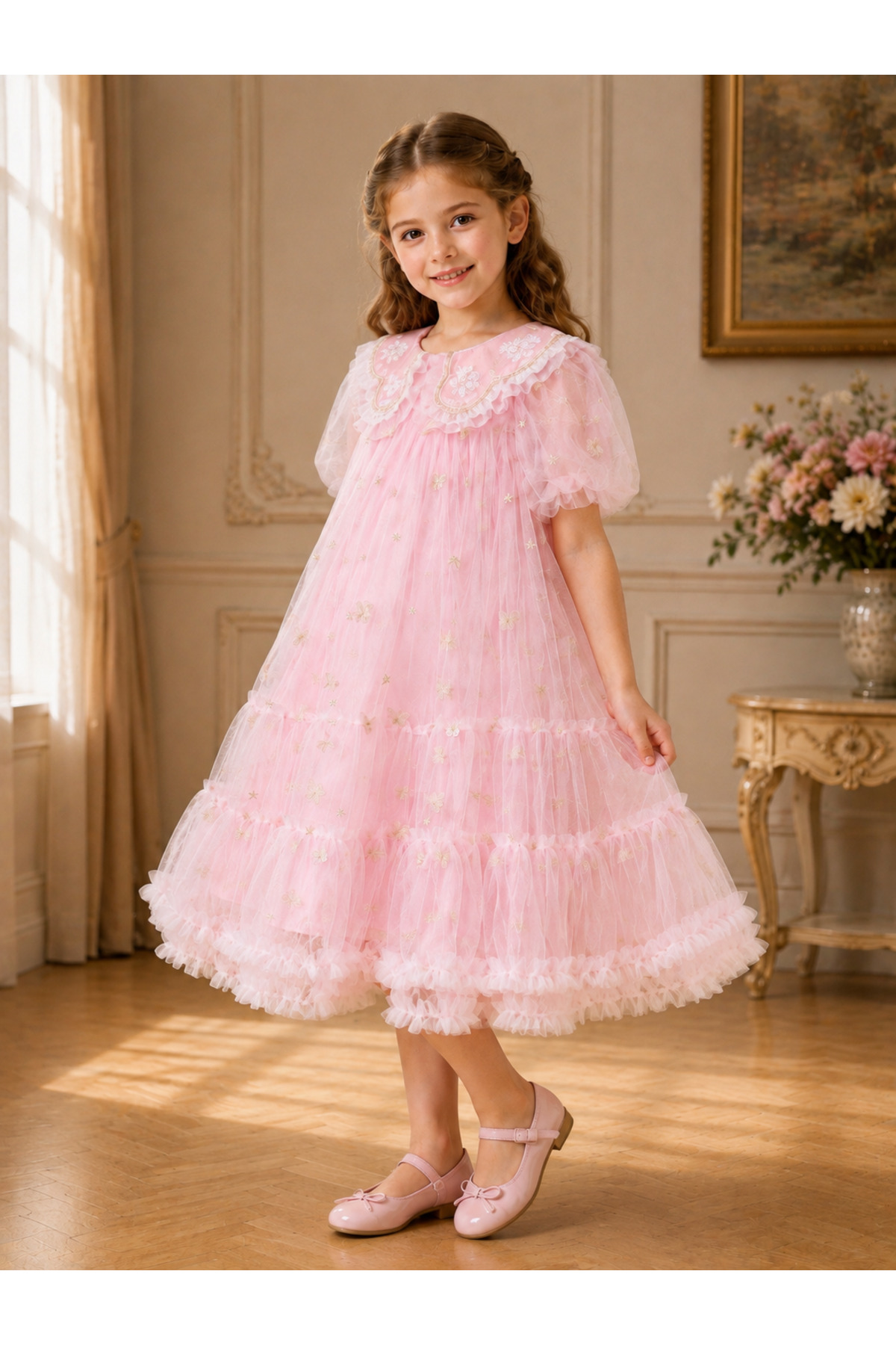 Girls' Dress Pink Tulle Butterfly Embroidered Dress
