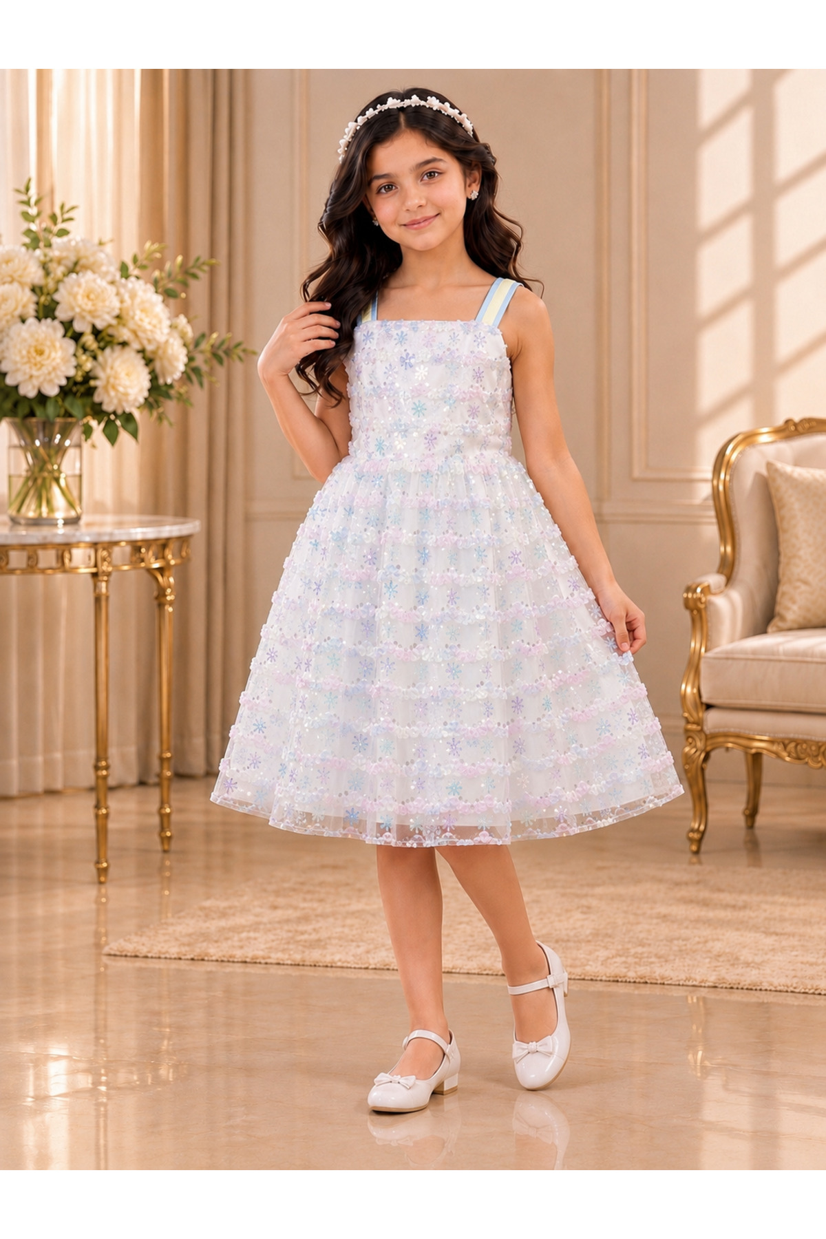 Girls' Dress Fluffy Sequin Flower Bow Back Dress