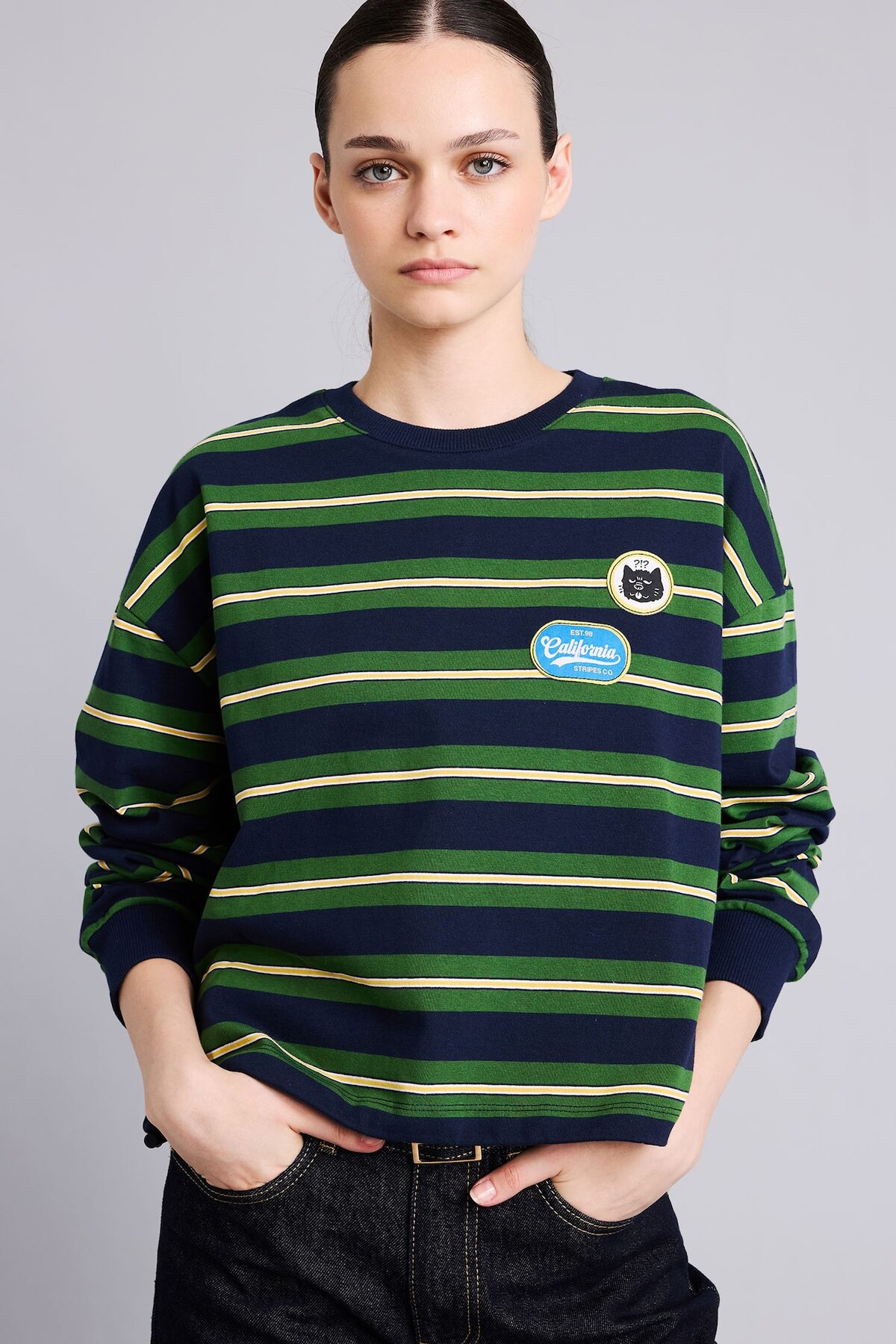 DeFacto %100 Pamuk Loose Fit Bisiklet Yaka Baskılı Çizgili Sweatshirt I2418AX26AU