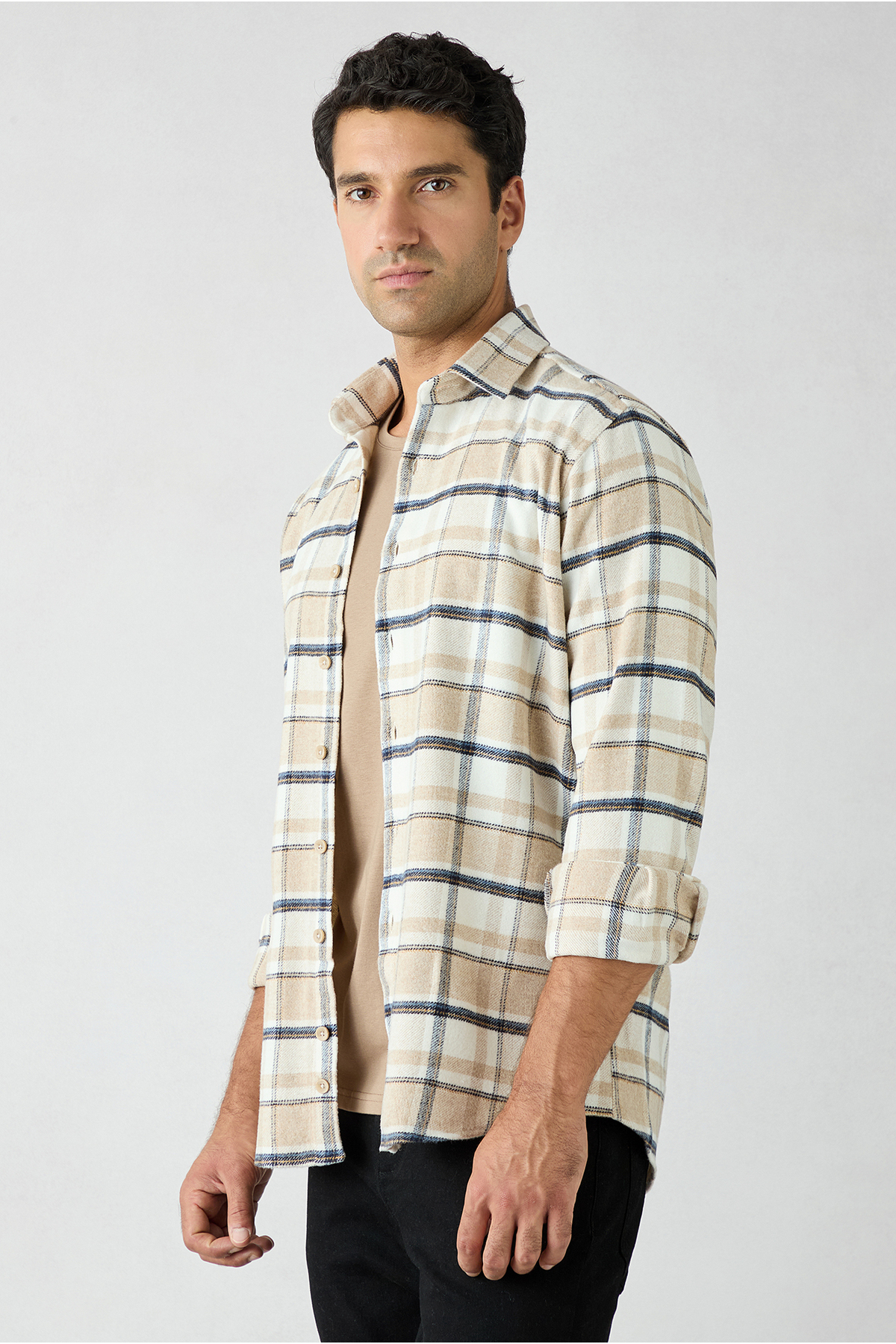 Uzun Kol Regular Fit Ekose Yünlü Flanel Oduncu Kışlık Gömlek — بژ KK27400000128 — تصویر 2 از 6