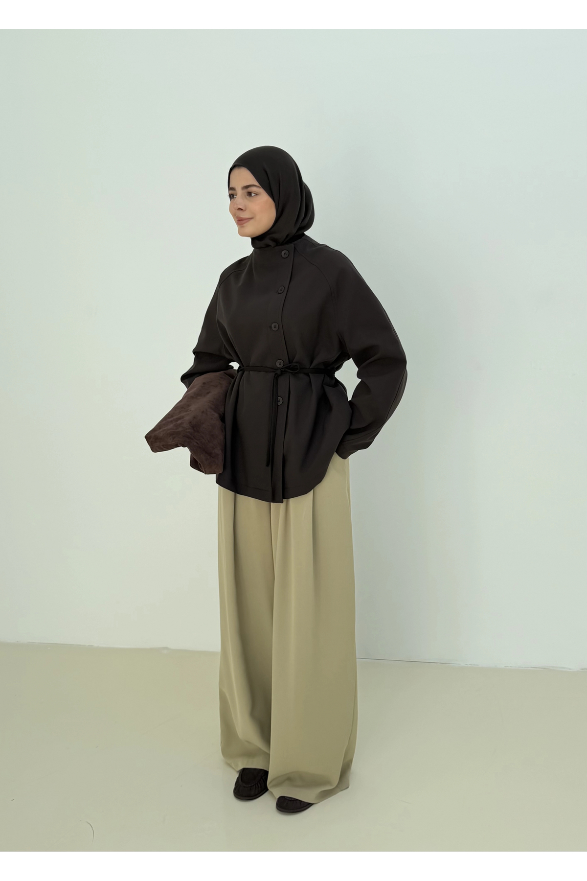 MODA AKSA 7788 BAĞCIKLI DİK YK CEKET KAHVE görsel 2