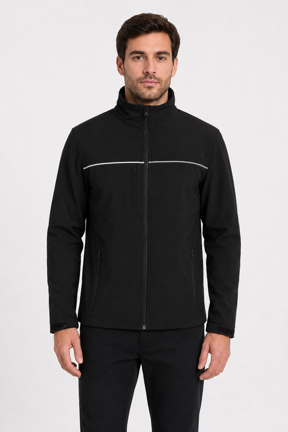 Unisex Siyah Reflektör Şeritli Suya Dayanıklı Softshell İş Montu Siyah