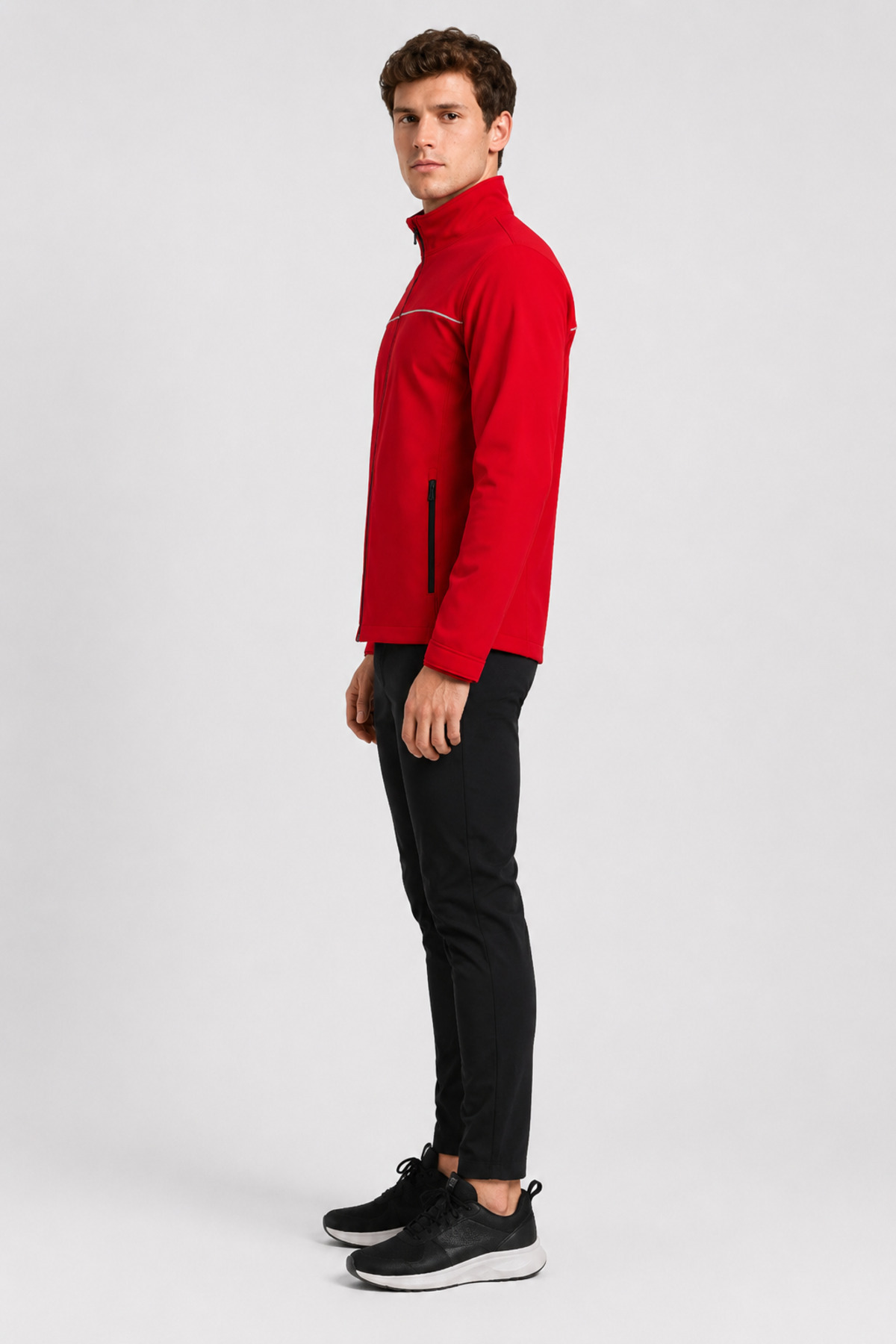 Unisex Kırmızı Reflektör Şeritli Su İtici Softshell Mont Fermuarlı Cepli Kırmızı · Fotoğraf 6