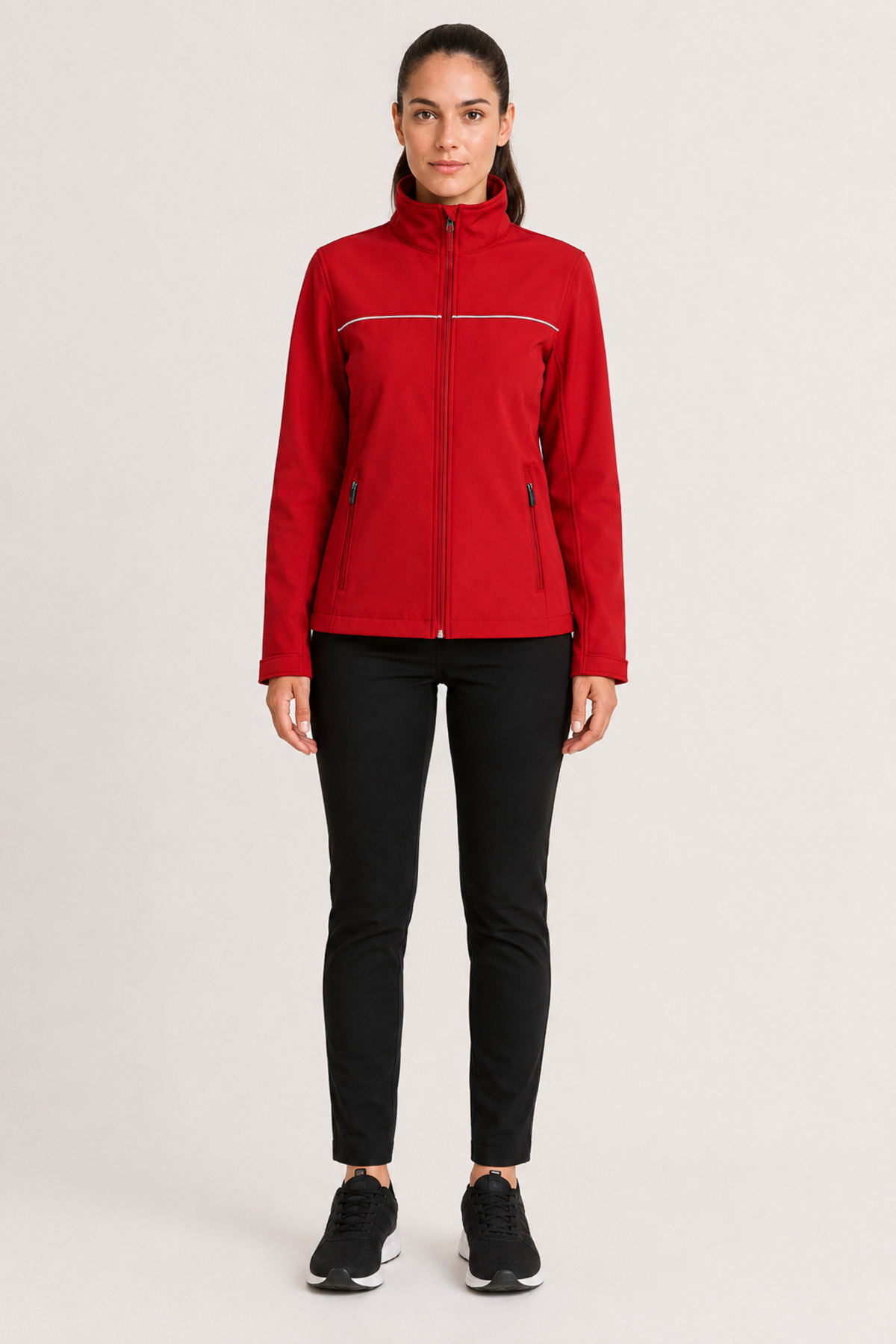 Unisex Kırmızı Reflektör Şeritli Su İtici Softshell Mont Fermuarlı Cepli Kırmızı · Fotoğraf 3